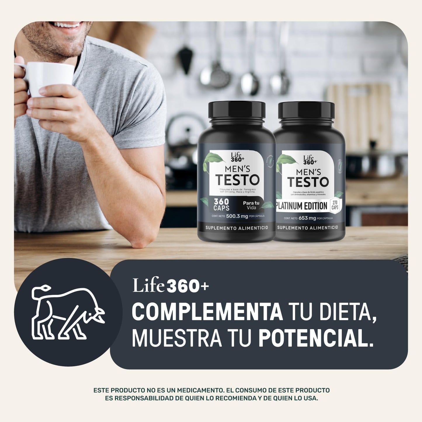 LIFE 360+ Mens Testo | 360 Cápsulas | Maca Negra, Maca Roja y Maca Amarilla, L-Arginina, Zinc, Vitamina D, Magnesio, Ginseng y Guarana | Suplemento Alimenticio | 360 Cápsulas por Envase