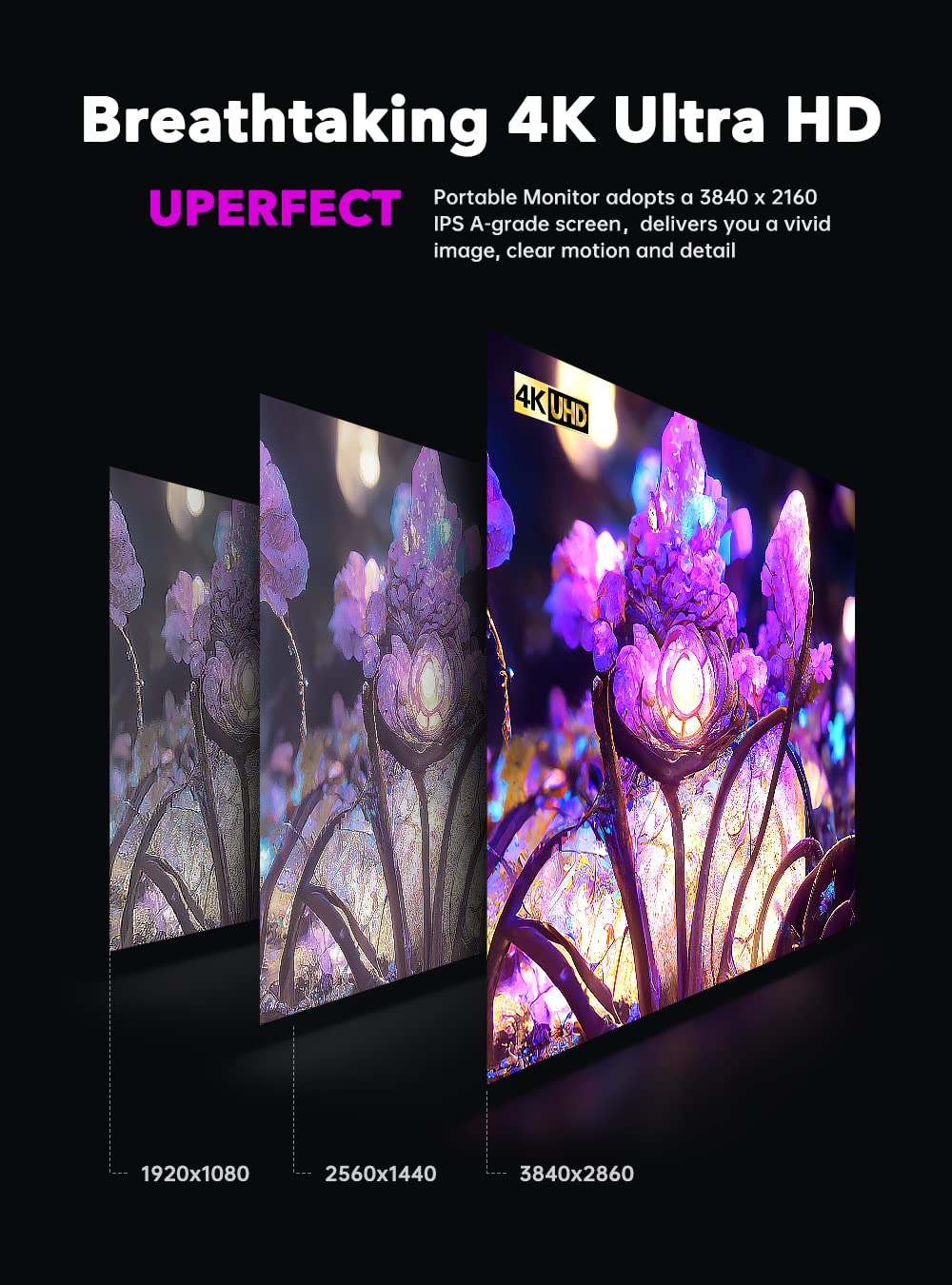 Monitor de Computadora UPERFECT 4K Truely UHD IPS con FreeSync y Adobe RGB, Brillo 500 Nits HDR, 17.3 Pulgadas Tipo-C HDMI VESA, Inteligente con Protección Ocular