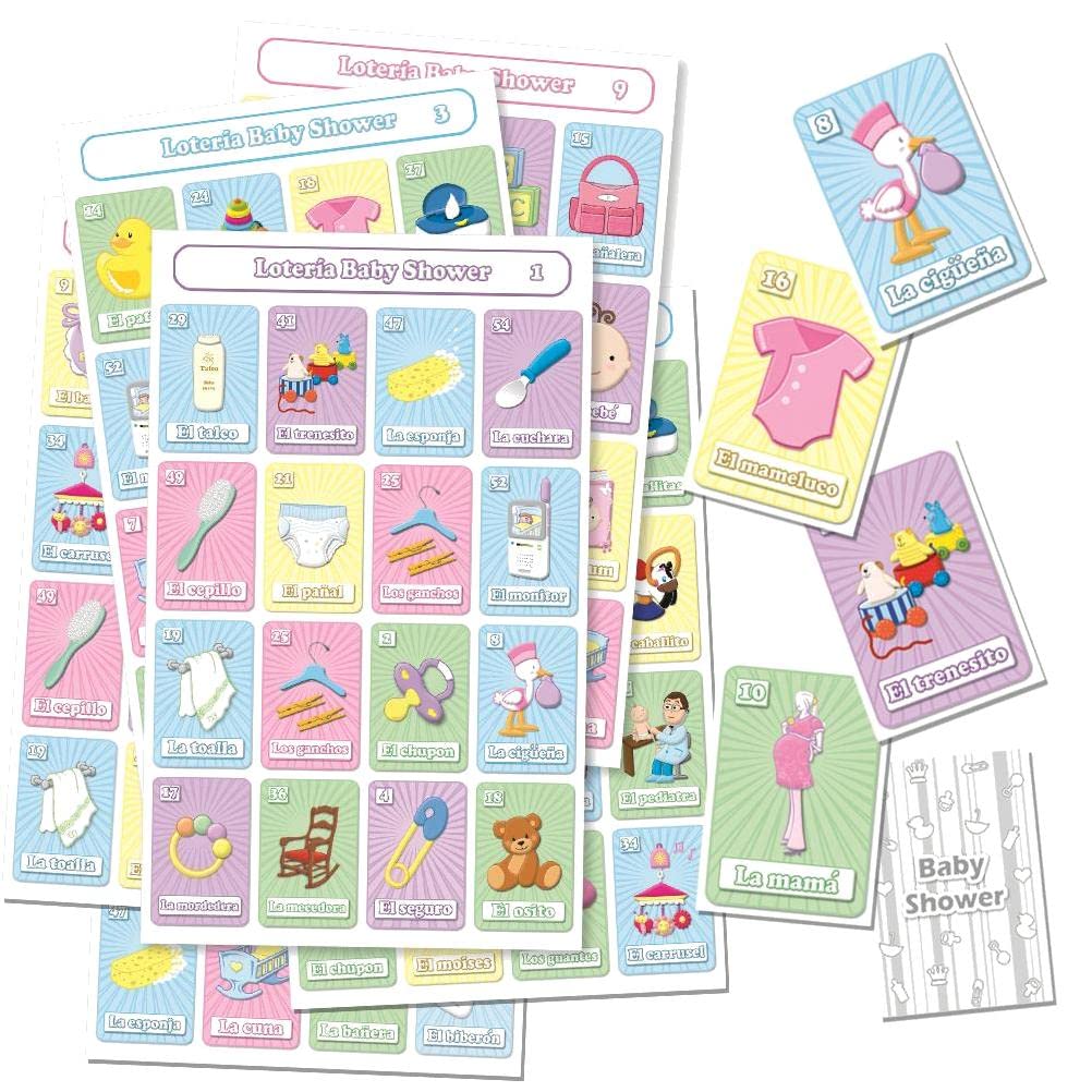 Juego de Loteria Baby Shower Impreso en Español, para 20 Jugadoras - 20 Tablas y Barajas