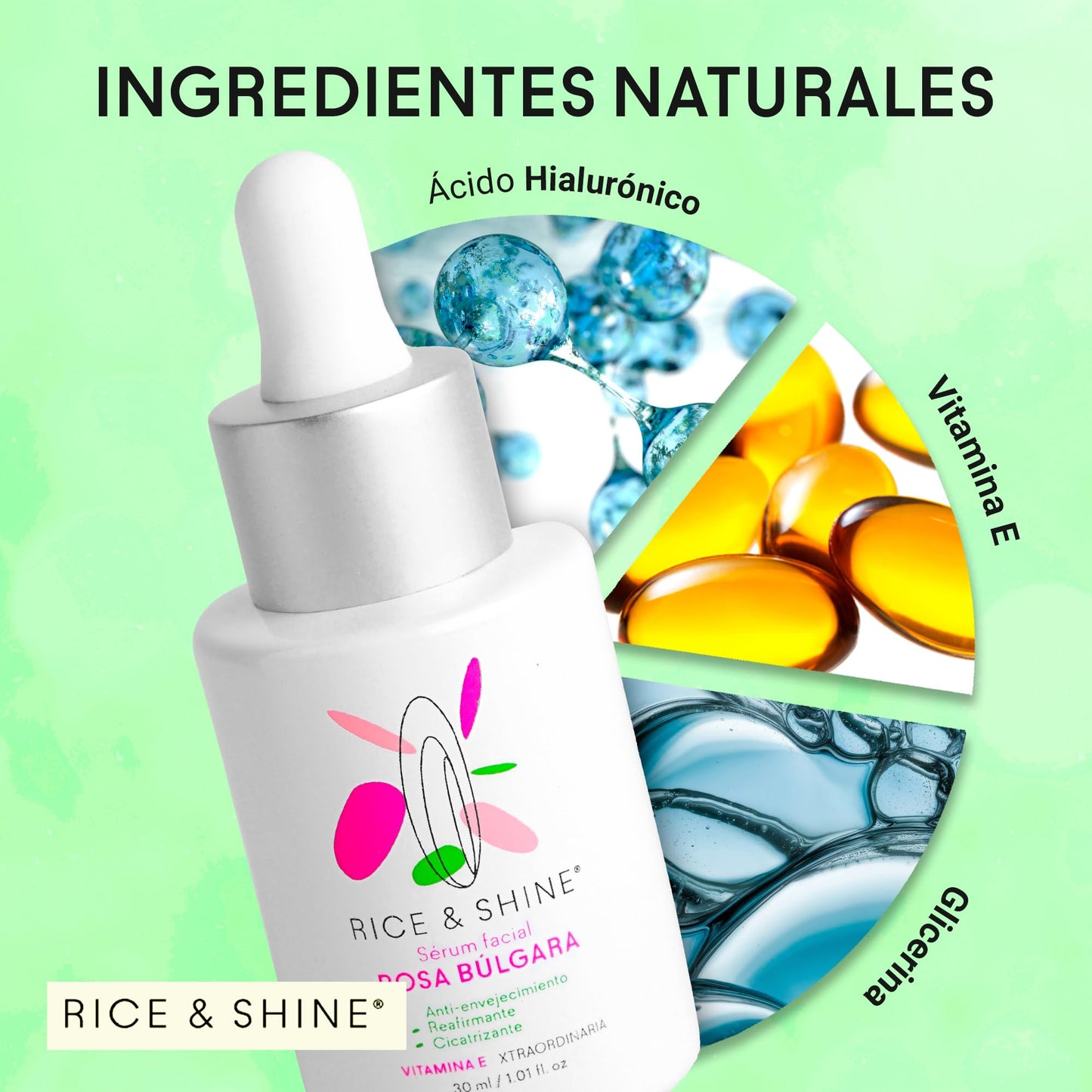 RICE & SHINE | Serum Acido Hialuronico y Rosa Búlgara | Con 60% más Vitamina E que el Aceite de Argán - 100% Natural | Hidratante Facial | Skincare
