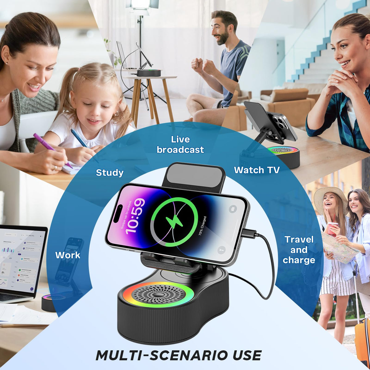 Soporte para Teléfono Celular con Altavoz Bluetooth Inalámbrico Giratorio 360° y Ajustable con Carga para Tableta