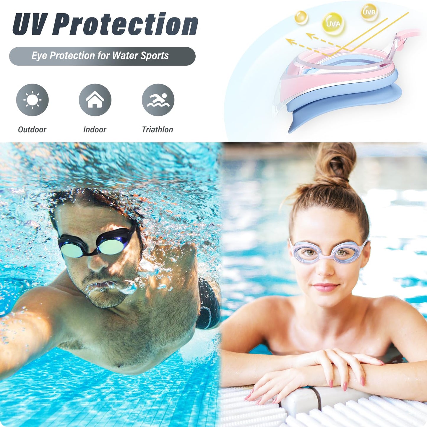 Gafas de natación, 2 unidades, gafas de natación, antivaho, protección UV, para adultos, hombres, mujeres, jóvenes, sin fugas, lente plana, visión clara, 3 tamaños de puente nasal