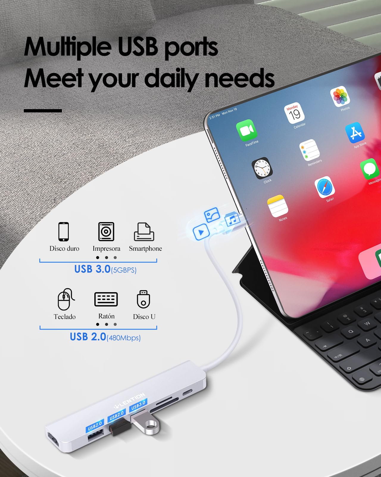 LENTION 7 en 1 USB C Hub,5 GBP Adaptador USB C a 4K HDMI,Lector de Tarjetas SD TF,1 USB 3.0 y 2 USB 2.0, PD 100 W,Carga Compatible con MacBook Pro 2025-2016, Chromebook, ipone16 (CE18, Azul)