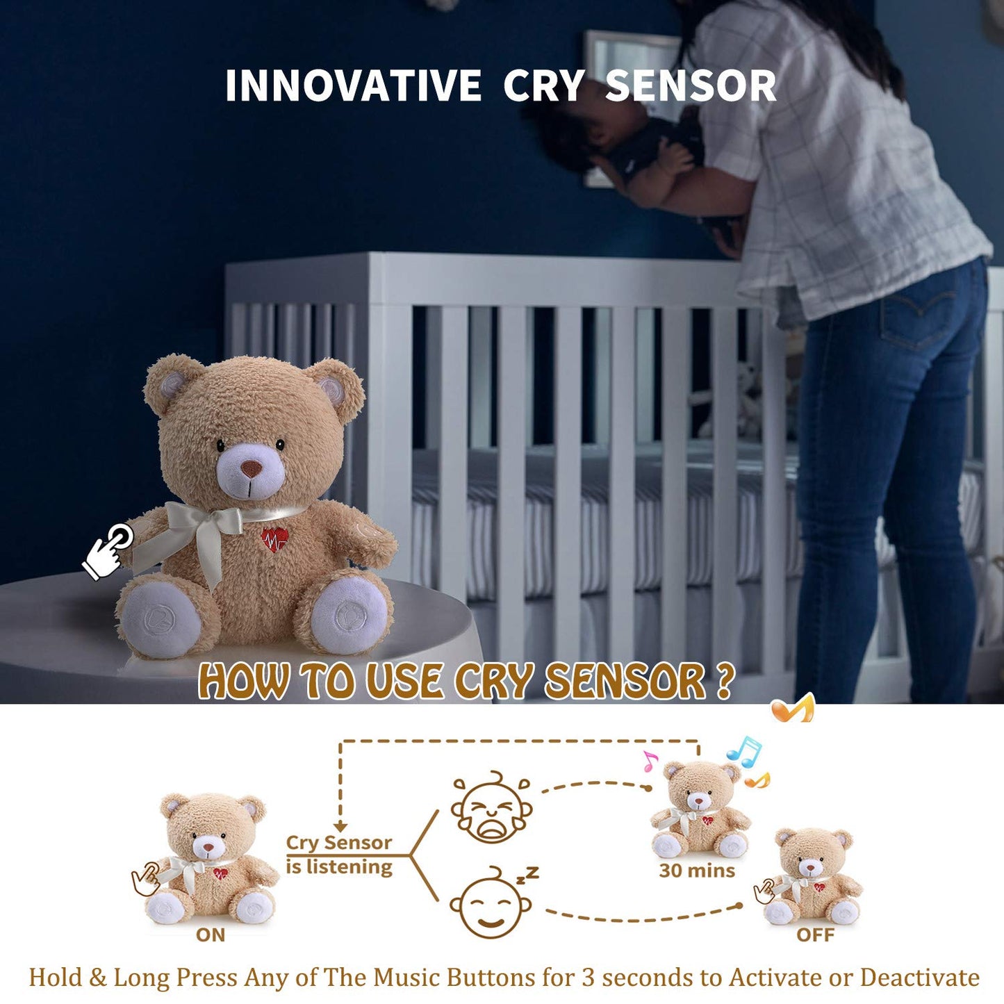 BEREST - Chupete de ayuda para dormir activado, máquina de ruido blanco, regalo de animales de peluche para bebé, juguete de oso con decoración de guardería, luz nocturna, latidos del corazón del