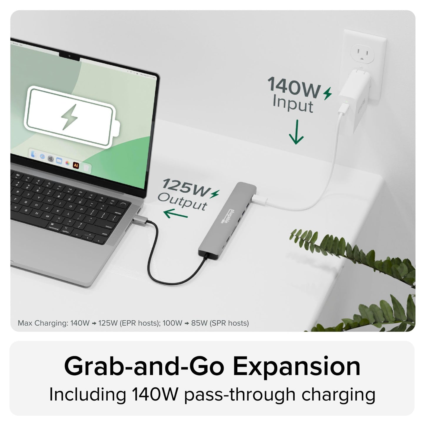 Adaptador Multipuerto USB C Plugable 140W HDMI 4K 60Hz para MacBook, Windows, Chromebook