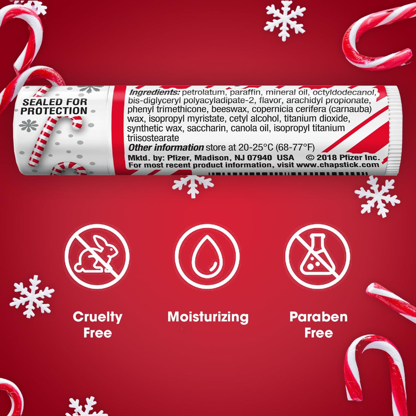 Chapstick (Candy Cane Flavor, 0.15 Oz, 3 Sticks) Lip Balm Tube, skin Protectant, Lip Care
