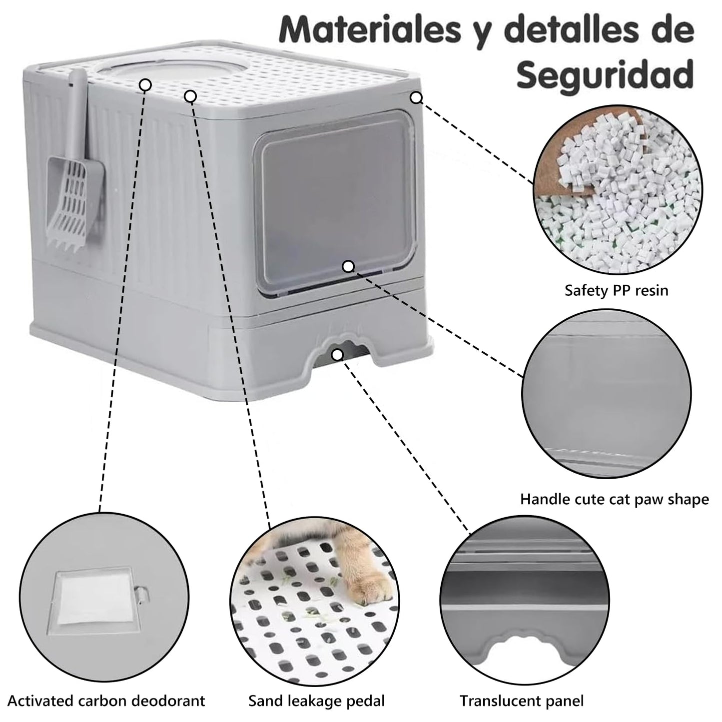 Arenero para Gato Cerrada: Removibles Plegable Arenero 50*40*40cm,Gran Caja de Arena para Gatos,Antiolor Prueba de Salpicaduras,Facil de Limpiar,con Puertas y Entradas Cubiertas Incluye Pala (Gris)