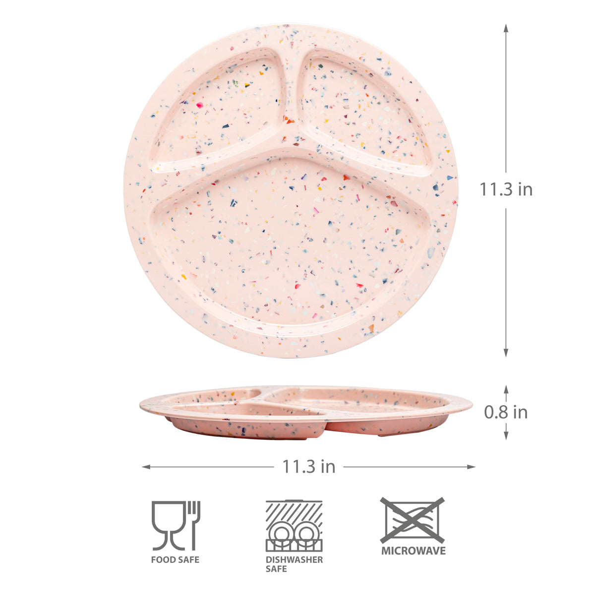 bzyoo - Juego de 2 platos divididos de 11 pulgadas, placas de control de porciones de melamina 100% para adultos y niños, patrón moderno de confeti, sin BPA y apto para lavaplatos, ideal para camping