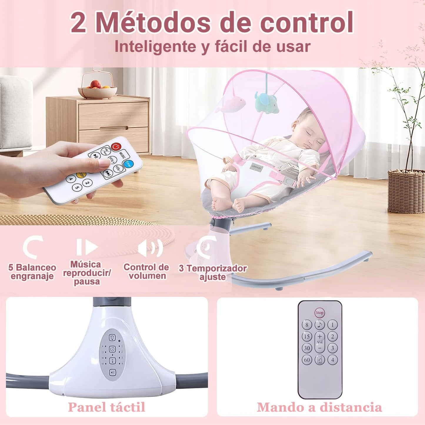 Mecedora Eléctrica PERFECTOP Rosa con Mando a Distancia y Bluetooth para Bebé