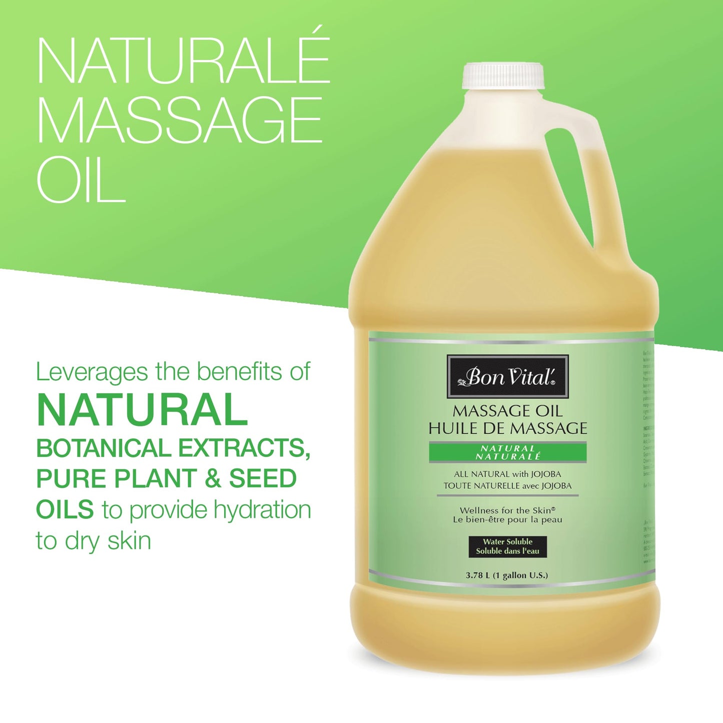 Bon Vital Naturale Massage Oil Made with Natural Ingredients for an Earth-Friendly & Relaxing Massage, Revives and Rehydrates Dry Skin Naturally, with Green Tea Extract for Added Skin Benefits, 1 Gal