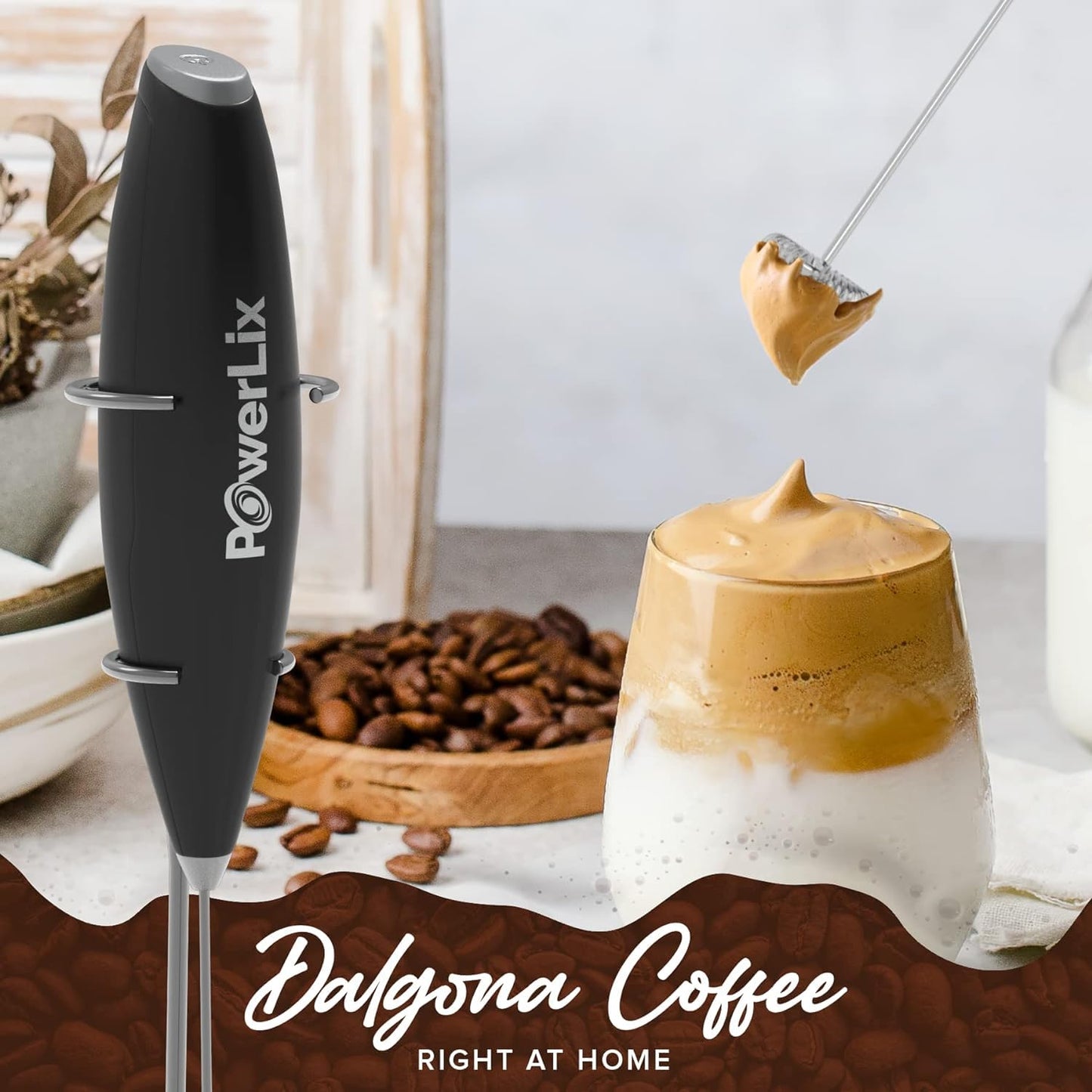 Espumador de Leche POWERLIX Negro Duradero con Batidor de Acero Inoxidable y Soporte Incluido