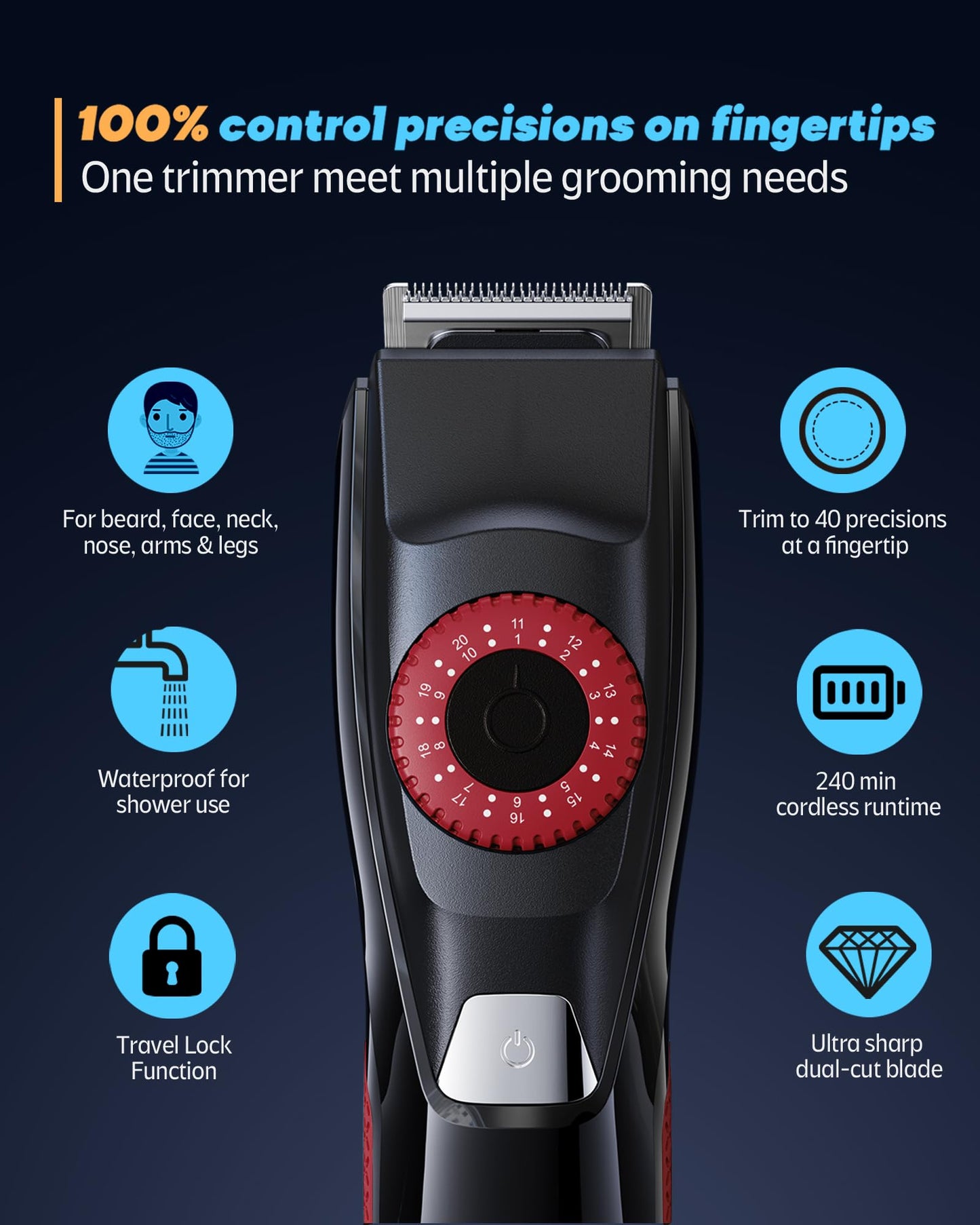 Voukad Recortadora Eléctrica De Precisión 40 Para Barba, Rostro, Bigote, Cuerpo Y Orejas. Kit De Aseo Impermeable Para Hombre.