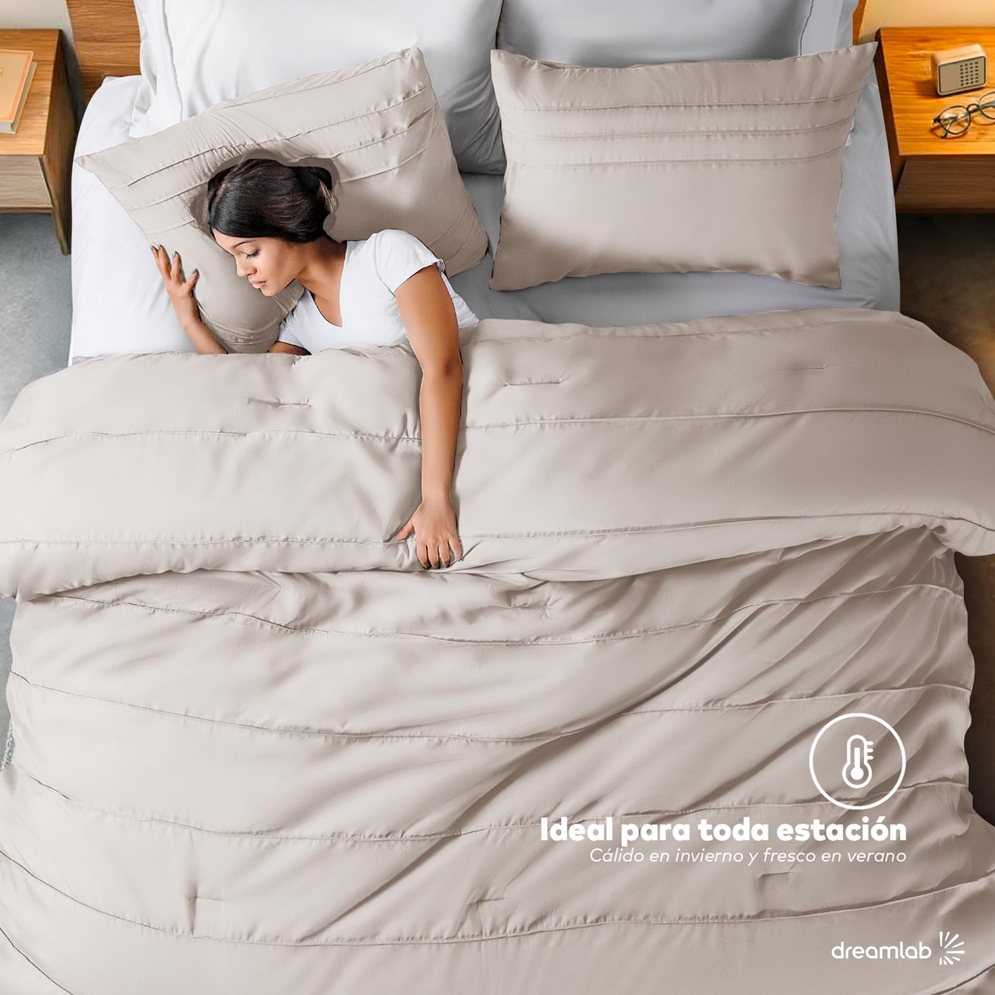 Juego Edredón Matrimonial Dreamlab Beige Ultra Suave Hipoalergénico Reversible Plisado Con Fundas de Almohada