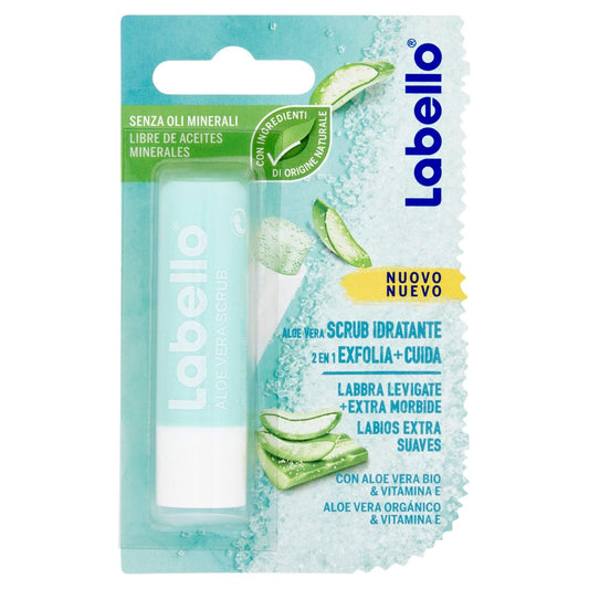 LABELLO Bálsamo Labial Exfoliante Scrub con Aloe Vera (4.8 g) con Vitamina E y microperlas exfoliantes libre de aceites minerales