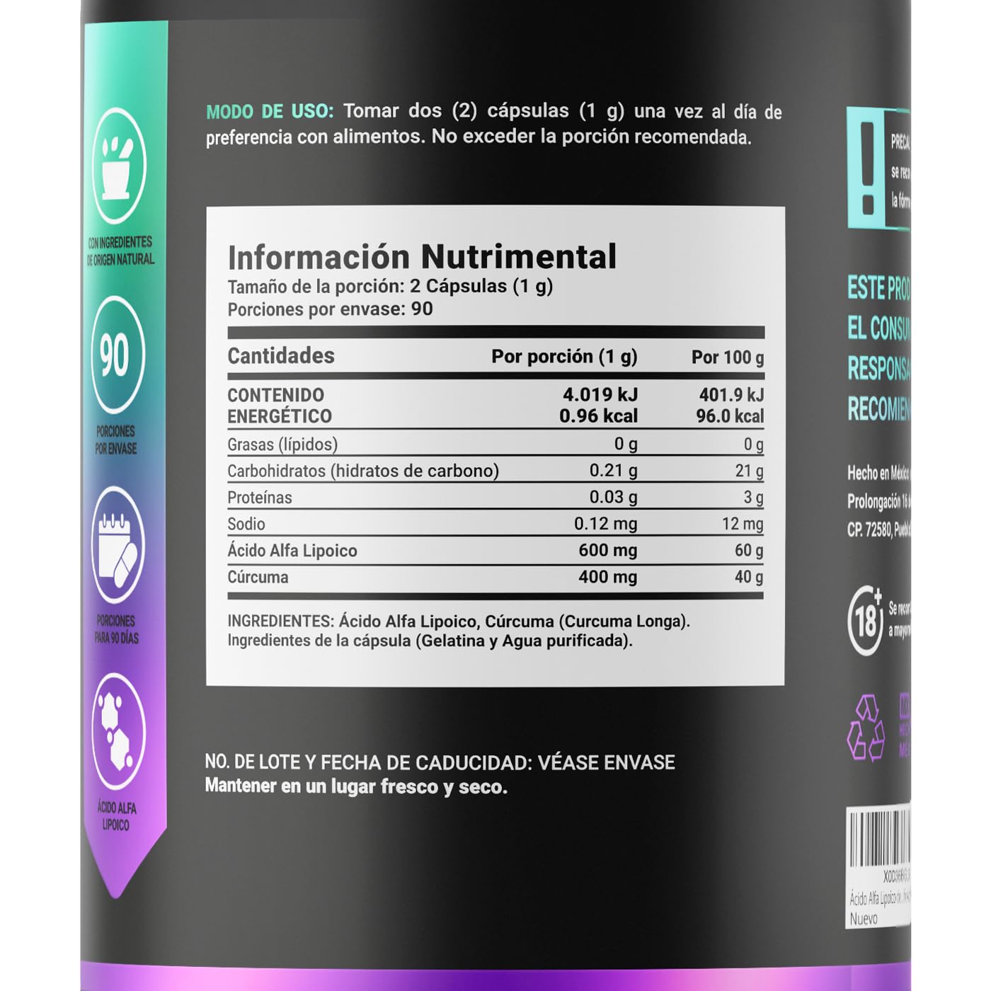 Ácido Alfa Lipoico Cápsulas B Life con Cúrcuma 1000 mg Ingredientes Naturales