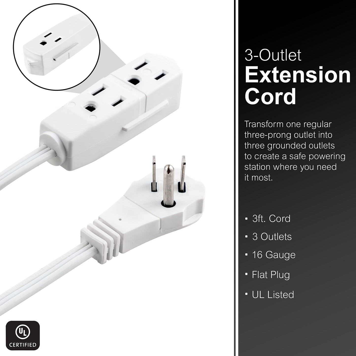 GE 69869 - Cable de extensión Plano de 3 tomacorrientes con múltiples tomacorrientes, Extensor de Salida de 3 Puntas, Enchufe Plano, Calibre 16 para Interiores, certificación UL, Blanco