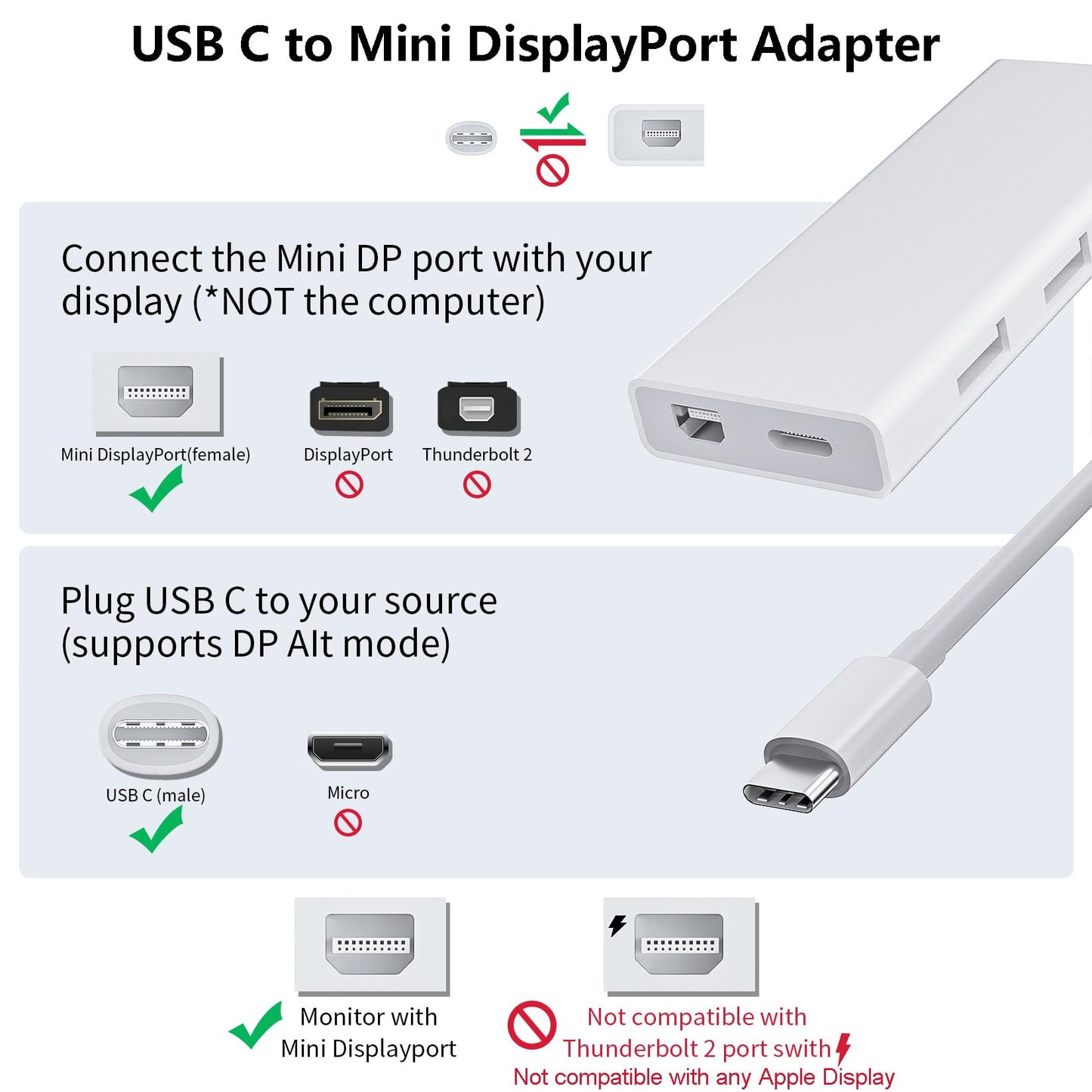 Adaptador USB C a Mini DisplayPort 4K a 60Hz con Puerto de Carga PD de 65 W y 2 Puertos USB 2.0
