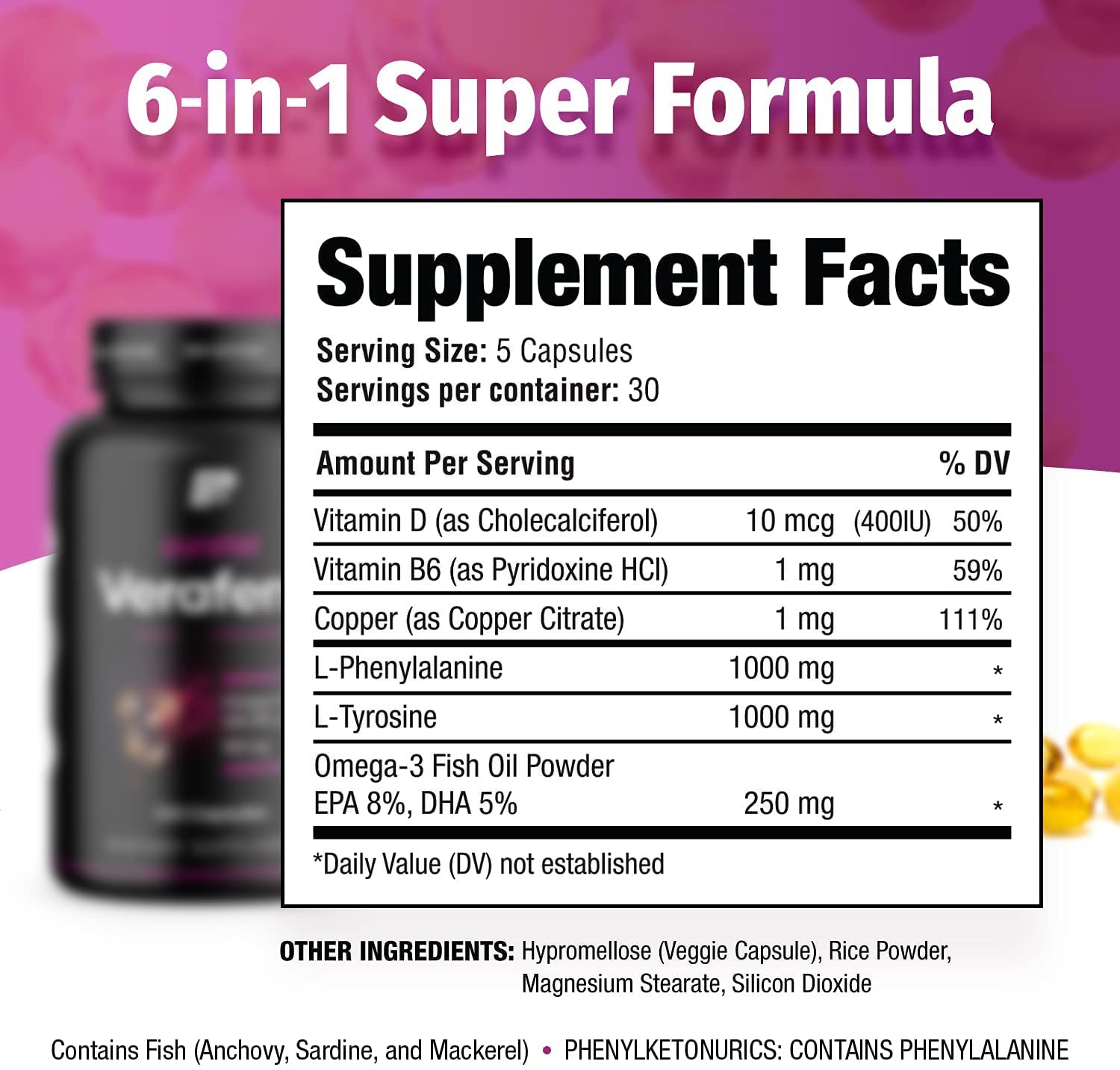 purafair Nomuk Veraferm for Vitiligo Treatment - Improve Skin Pigmentation by Getting Rid of White Spots on Skin - These Vitiligo Pills Include: Omega 3, Phenylalanine, Tyrosine, Copper, Vitamin D & B6-150 Capsules