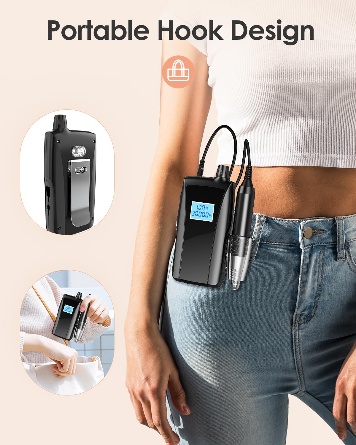 Máquina de Taladro de Uñas Beloving Recargable con Visualización de Velocidad y Brocas Rosa para Manicura y Pedicura Profesional