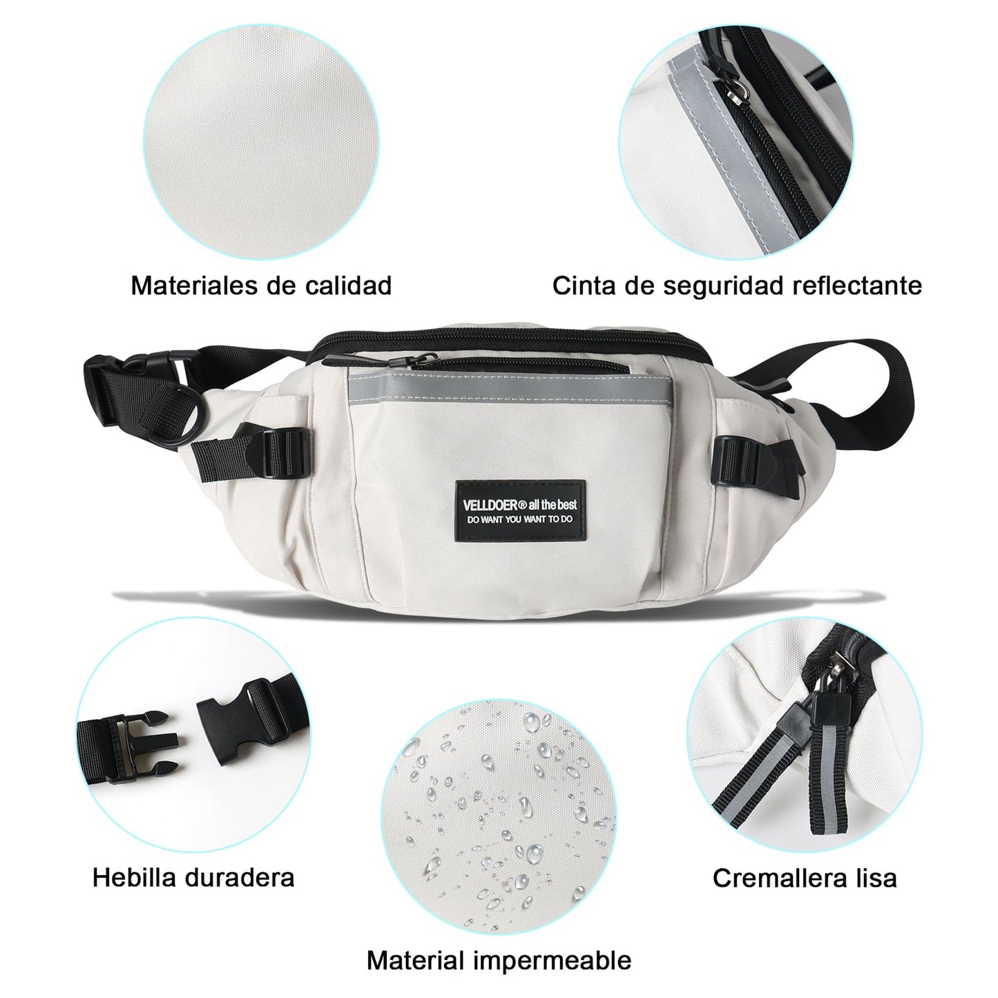 EUARD Riñonera Unisex Resistente al Agua con Correa Ajustable - Bolsa Bandolera Multibolsillos para Viajes, Senderismo, Running y Uso Diario - Ideal para Hombres y Mujeres((Blanco)