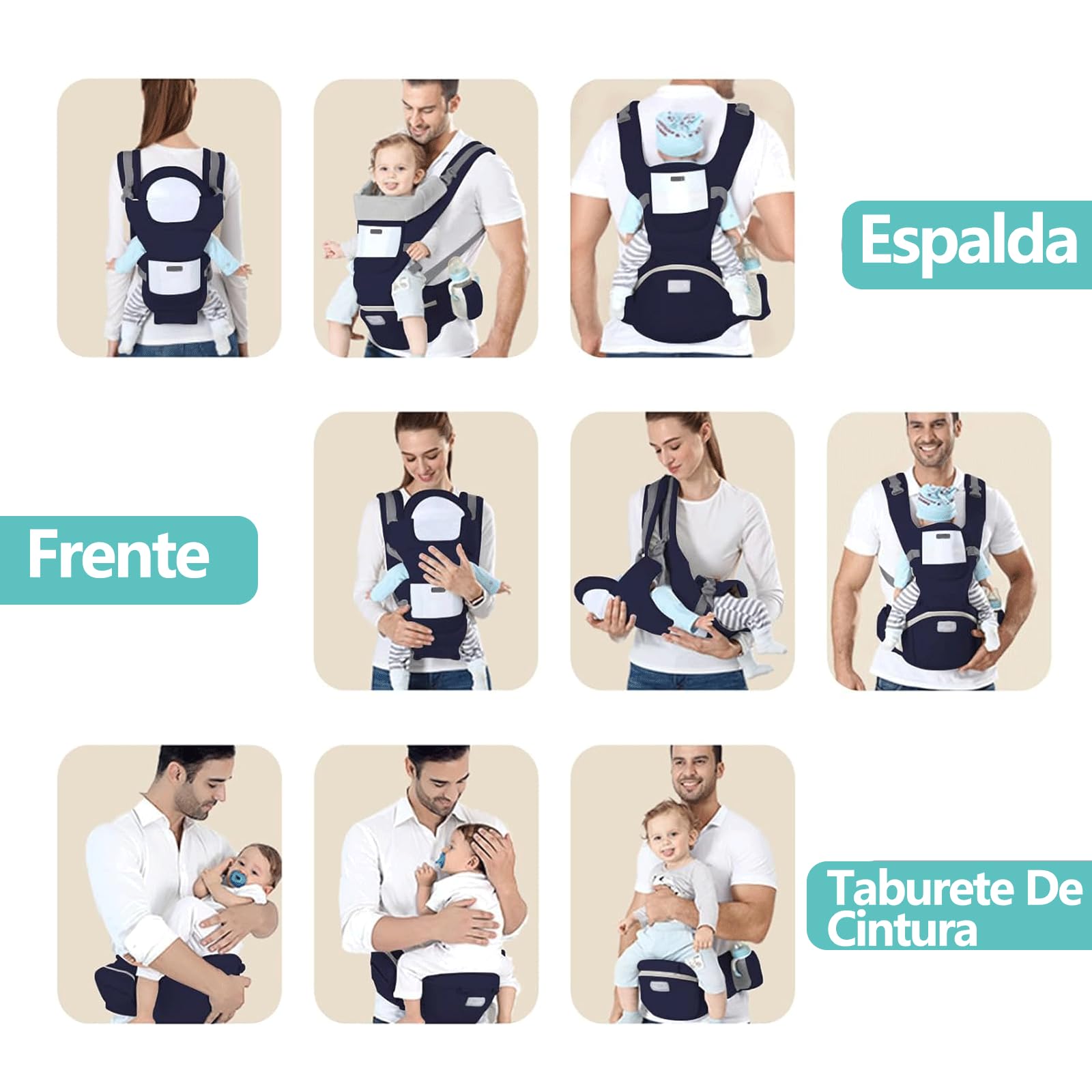 Mochila Portabebé Multiusos Asiento de Cadera Azul Oscuro Ajustable y Transpirable