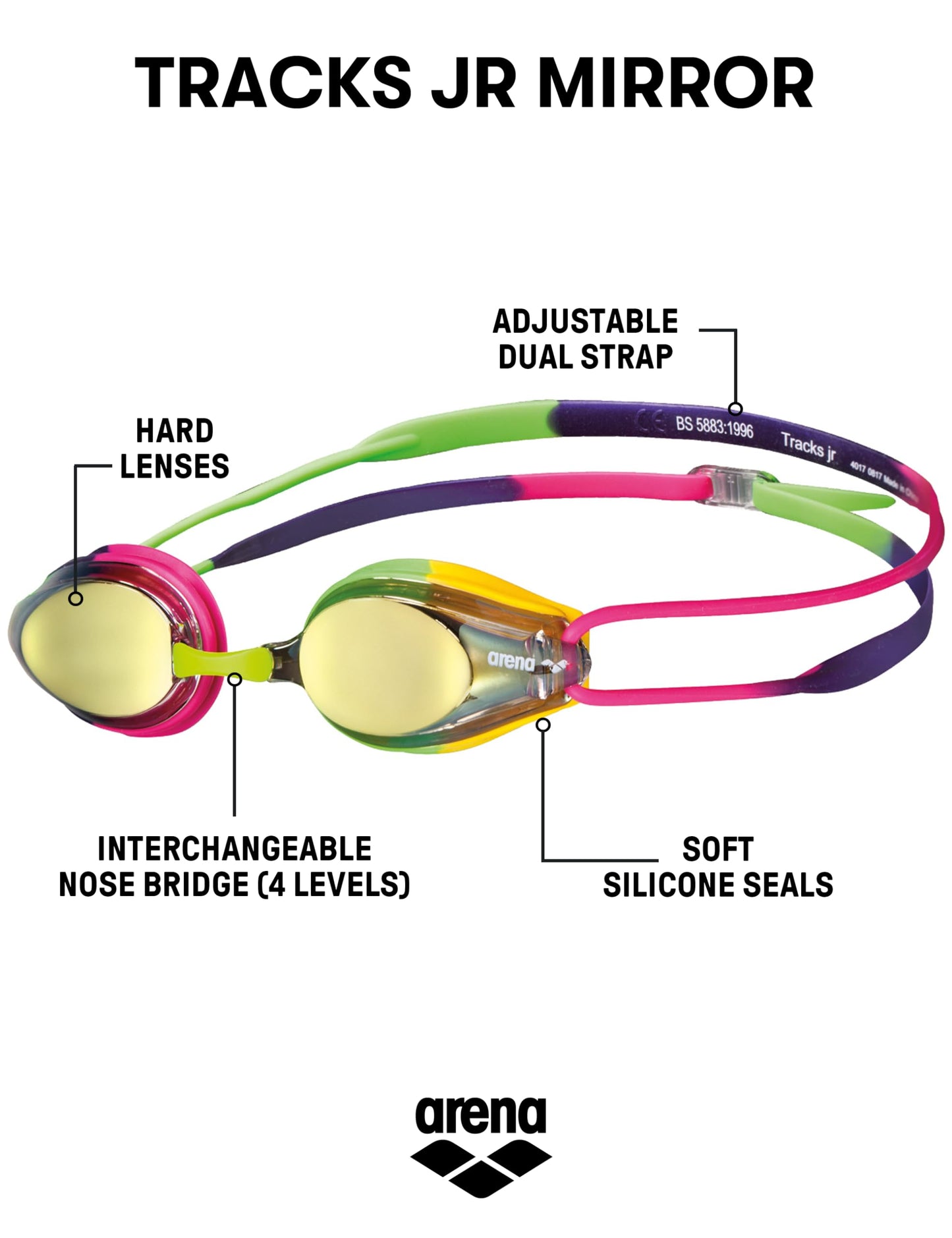 ARENA Tracks - anteojos de natación unisex para jóvenes juveniles esenciales para carreras para niños, nadadores, jóvenes corredores 6-12, lentes de espejo con revestimiento antivaho,