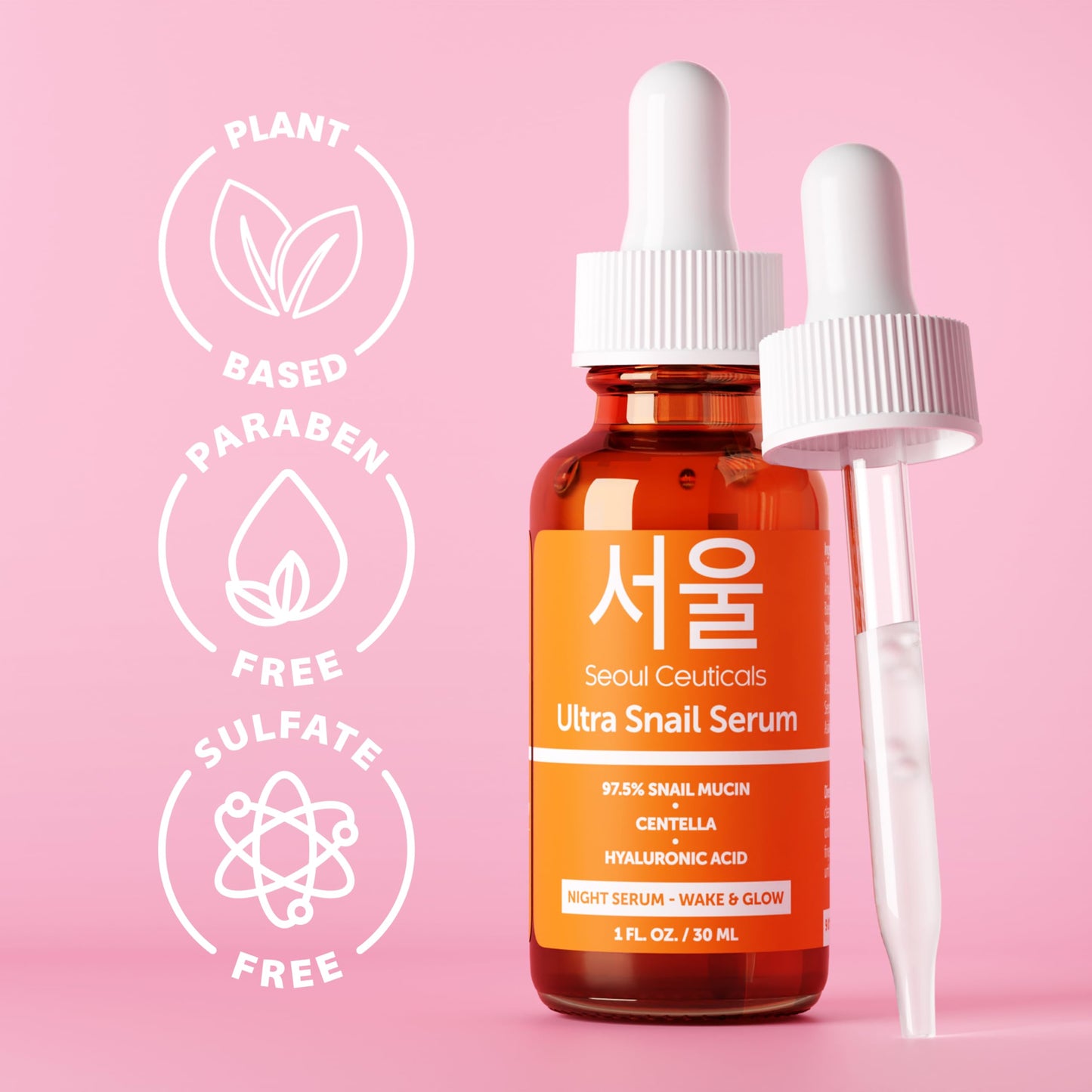 SeoulCeuticals Korean Skin Care Snail Mucin Serum - Korean Beauty Skincare Night Serum for Face - Contains Potent 97.5% K Beauty Snail + Hyaluronic Acid + Centella Asiatica Extremely Effective Anti Wrinkle Serum 1oz