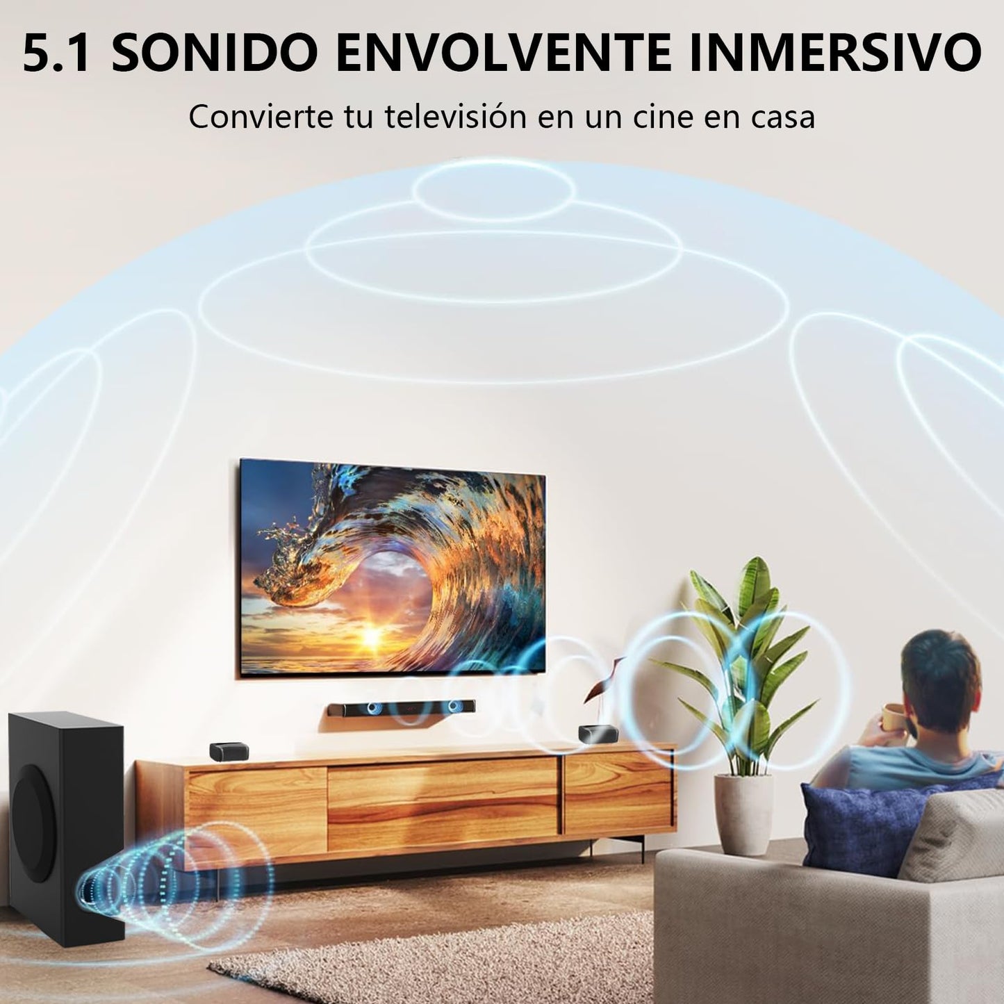 LEQI Barras de Sonido Potente 240W, Sound Bar 5.1 Teatro En Casa con Subwoofer, Barra Sonido Home Theater, Bocina Barra para TV, Conexión Bluetooth, USB Óptico y Auxiliar Incluye Control Remoto
