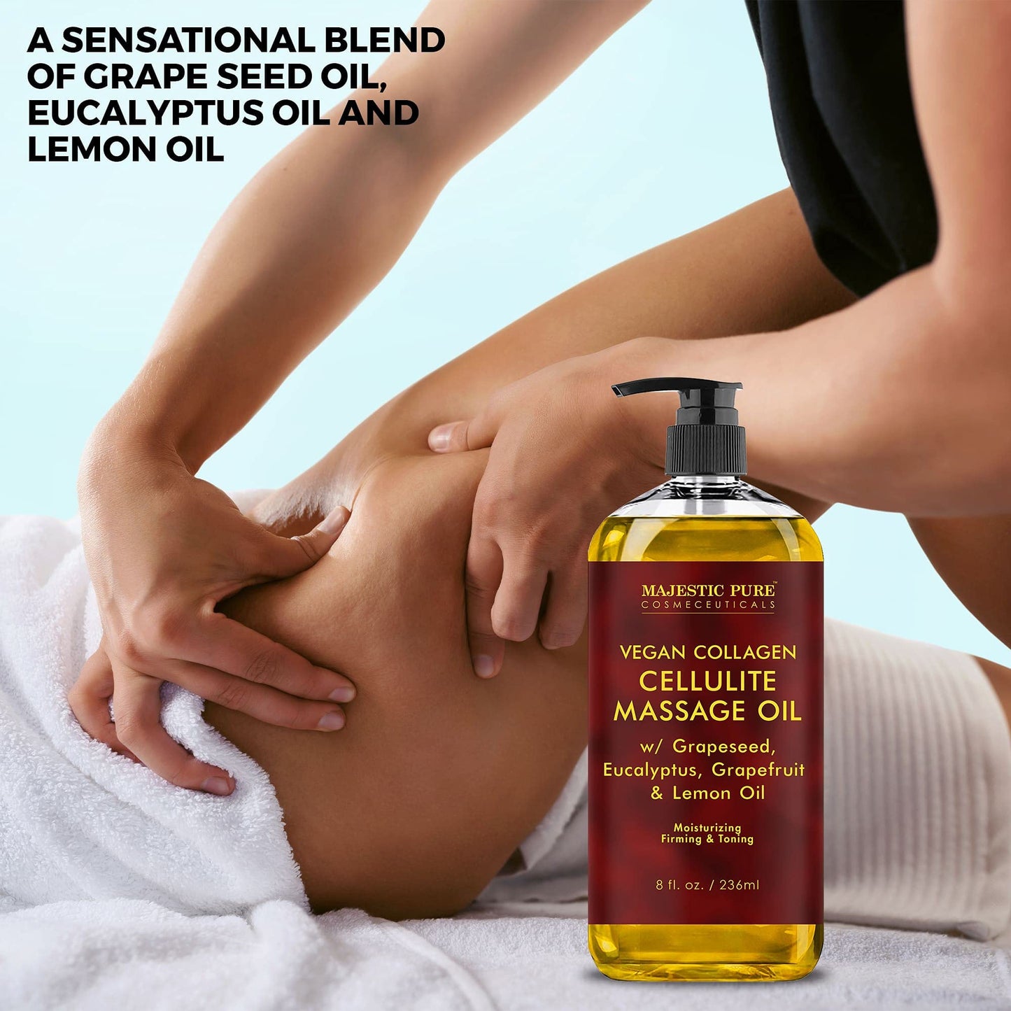 MAJESTIC PURE Majestic Aceite de masaje de celulitis natural puro, mezcla única de aceites esenciales de masaje, mejora la firmeza de la piel, más eficaz que la crema de celulitis, 8 onzas líquidas, Paquete con 2