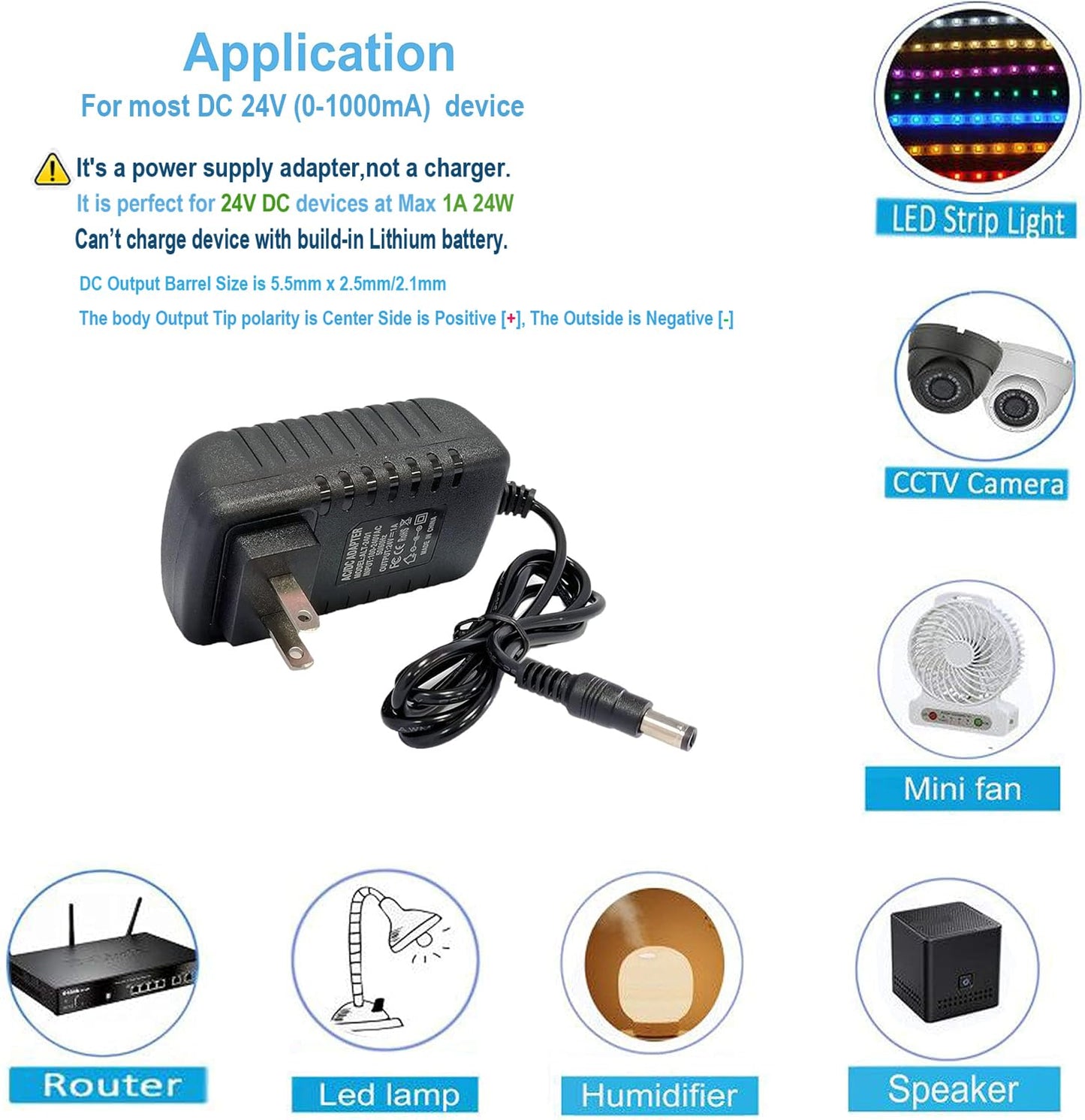 Adaptador de CA Negro para Tira de Luz LED, Cámara CCTV, Bomba de CC 24V 1A 24W Enchufe 5,5mm x 2,5mm