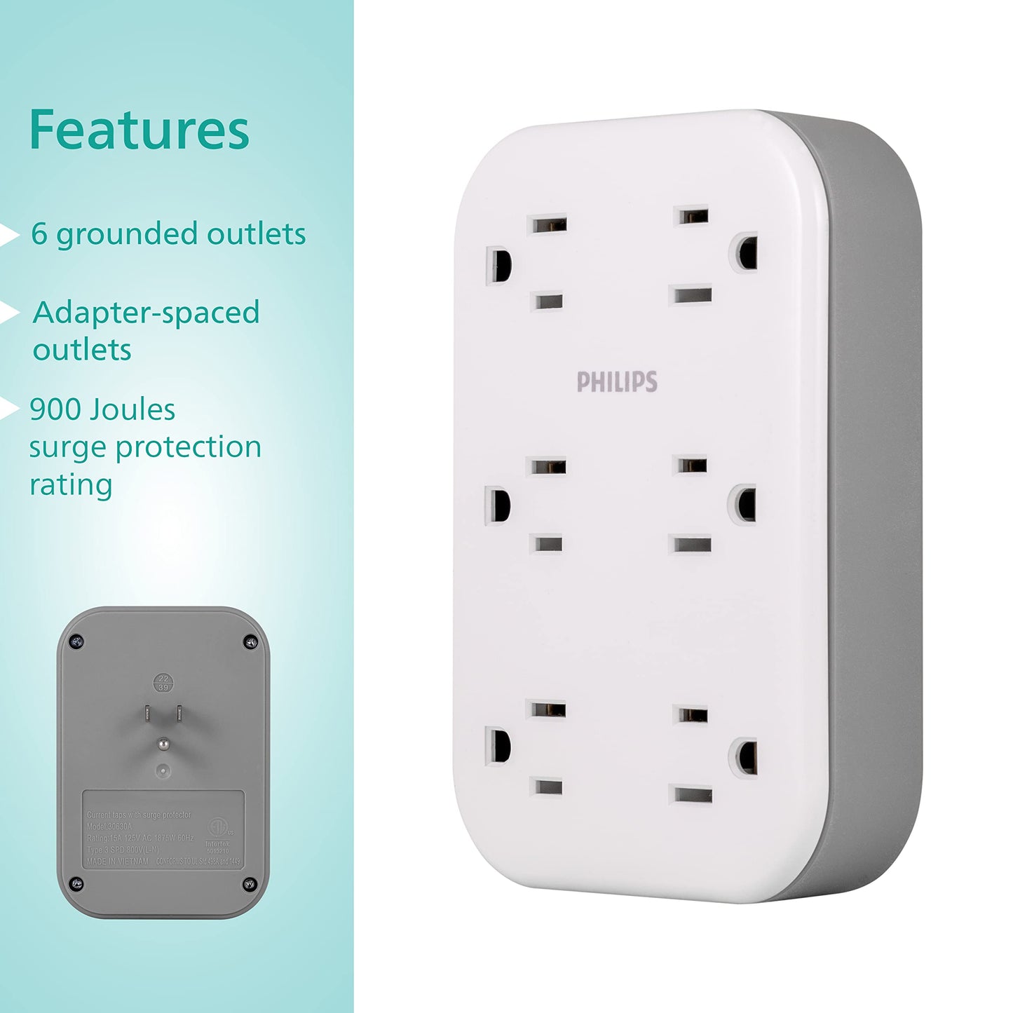 Extensor de Toma PHILIPS Blanco Llave de Pared con 6 Tomacorrientes y 900 Julios