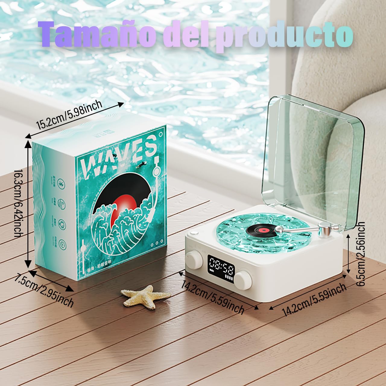 CASASDA Altavoz Bluetooth, Bocina Tocadiscos Bluetooth, Elegante Altavoz Bluetooth con Luz Nocturna y Visualización de la Hora, Pequeño Altavoz Estéreo Multifuncional 3 en 1 (Blanco)