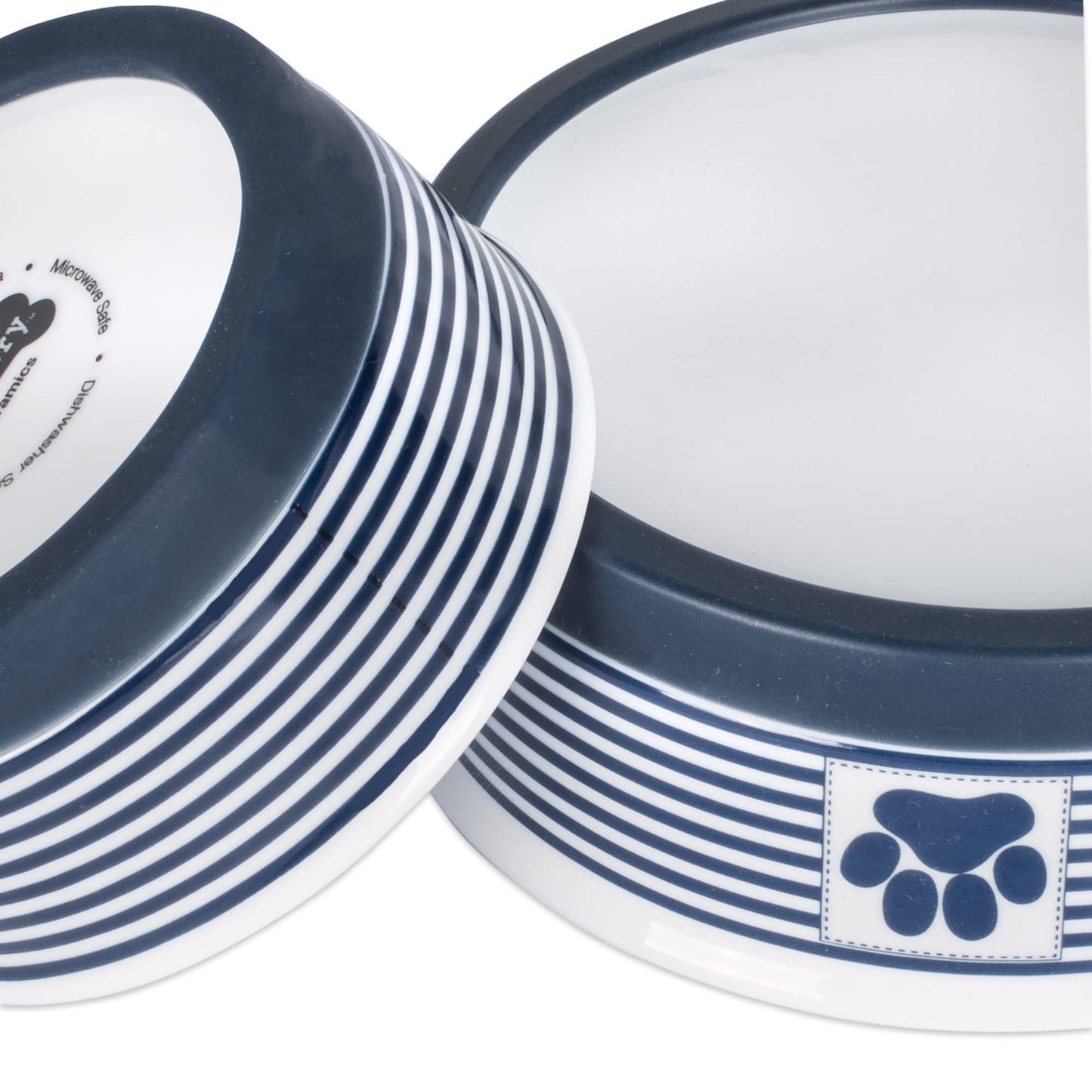 DII Bone Dry Paw Patch & Stripes Ceramic Pet Bowl for Food & Water with Non-Skid Silicone Rim for Dogs and Cats (Medium - 6" Dia x 2"H) Nautical Blue - Set of 2