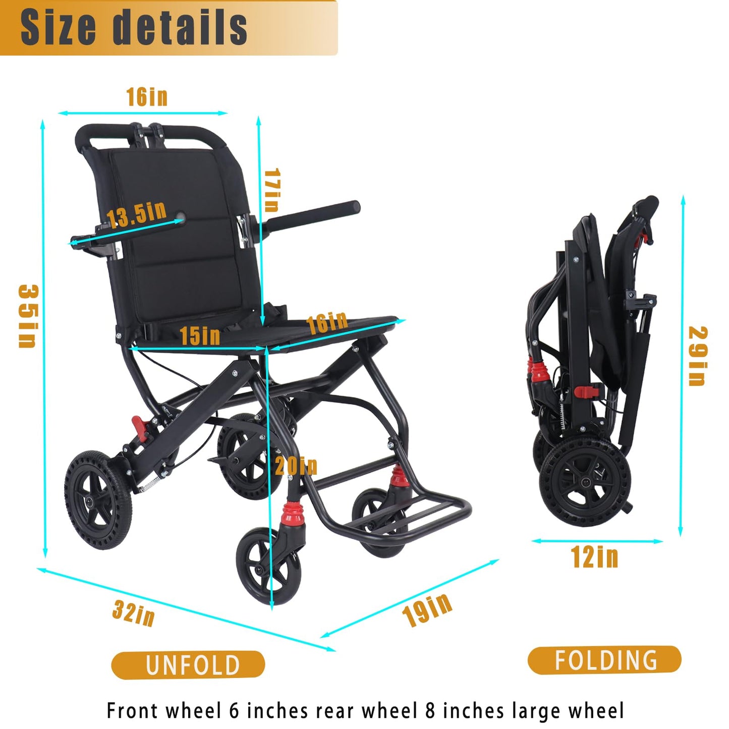 Hopelight- (Solo 14lbs) Silla de ruedas plegable portátil, silla de ruedas de viaje con freno de mano, silla de ruedas ultraligera f