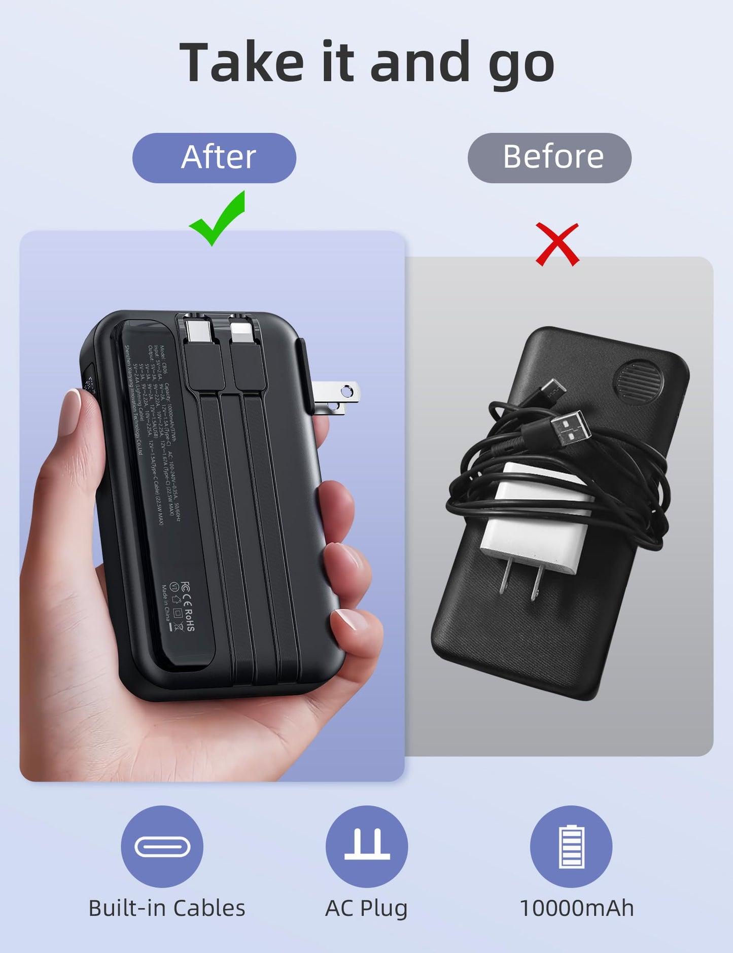 Batería Portátil RORRY Negro 10000 mAh con Enchufe Plegable y Cables Integrados