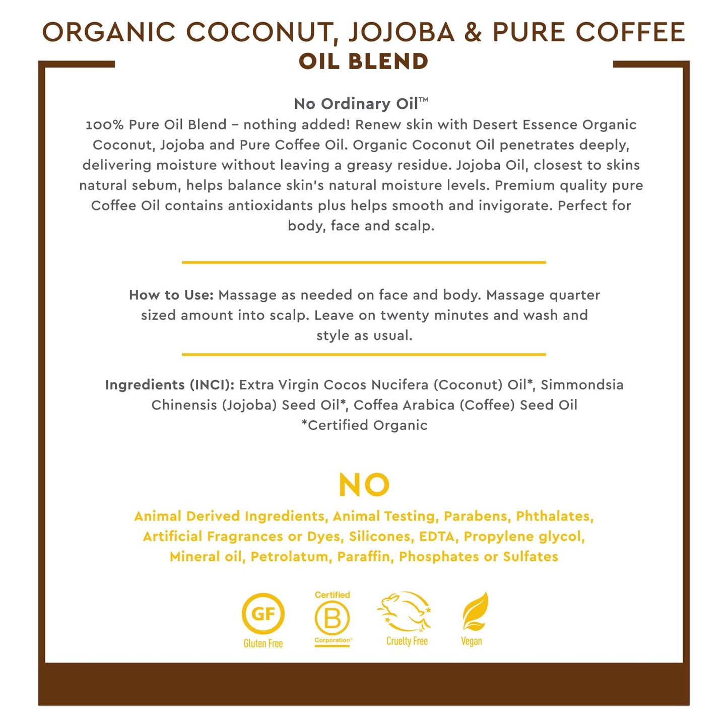 Desert Essence - Aceite Orgánico de Coco, Jojoba y Café Puro Para Cara y Cabello 118ml
