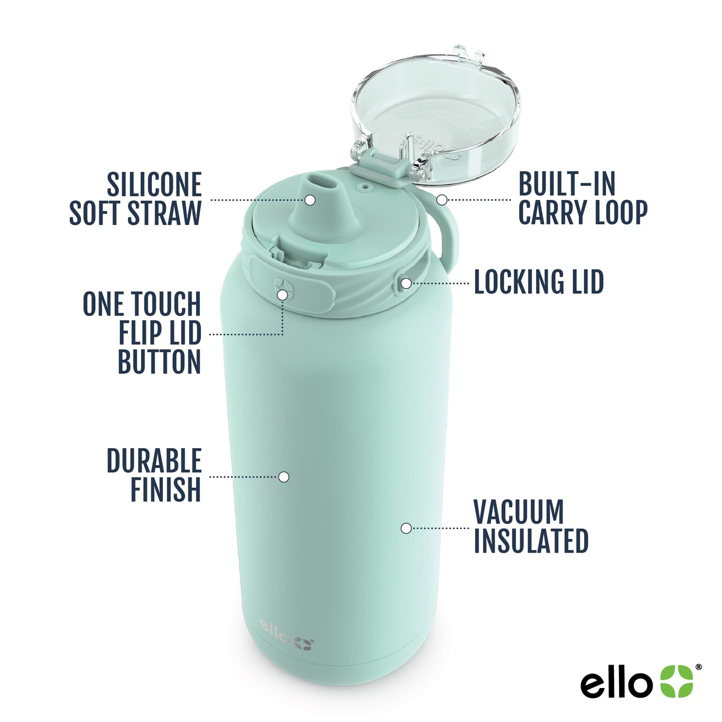 Ello Cooper - Botella de agua de acero inoxidable de 32 onzas con popote y asa de transporte, doble pared y metal aislado al aspiradora, tapa de bloqueo a prueba de fugas con boquilla de silicona