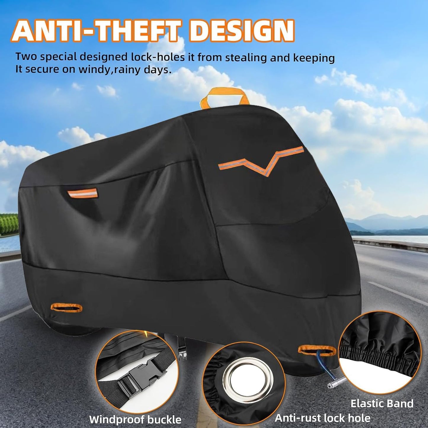 ANNA TOSANI Funda para Moto, 210D Impermeable Cubierta de Motocicleta Cubierta Protector para Moto Exterior y Interior con 3 Tiras Reflectantes y 2 Orificios para Cerradura para Moto 245x105x125cm
