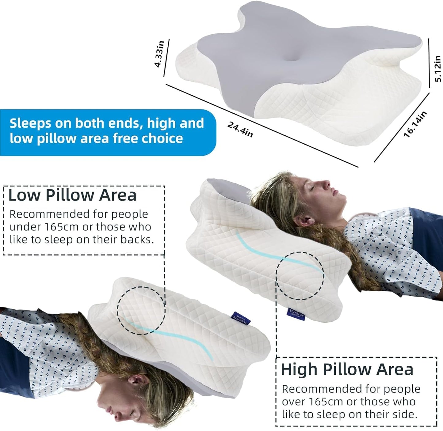 Almohada ergonómica,Almohada Cervical de Espuma con Memoria 2en1,Almohada Ortopedica,Contorno para Dolor de Cuello y Hombro,Almohadas de Soporte Contorneadas para Dormidores de Lado Espalda Estómago.