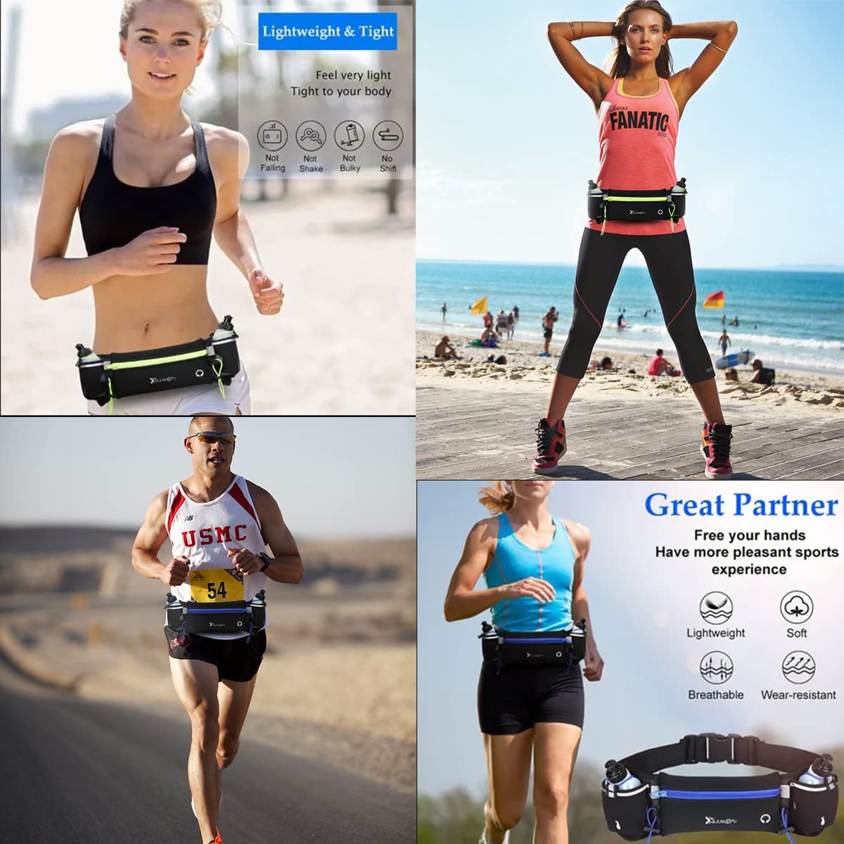 Cangurera Deportiva, Cangureras para Correr 2 Botellas de Agua, Cinturón para Correr Unisex, Riñonera Deportiva Ajustable con Bolsillos para Auricular y Teléfono, Cangurera Running para Aire Libre