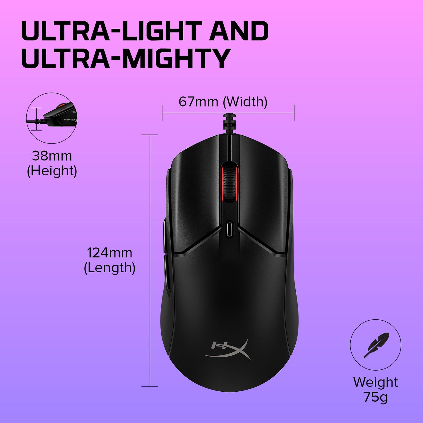 HyperX Pulsefire Haste 2 - Mouse para Juegos con Cable, Ultraligero, 53 g, frecuencia de sondeo de 8000 Hz, Sensor de precisión, Cable Hyperflex 2, Plug and Play, Color Negro