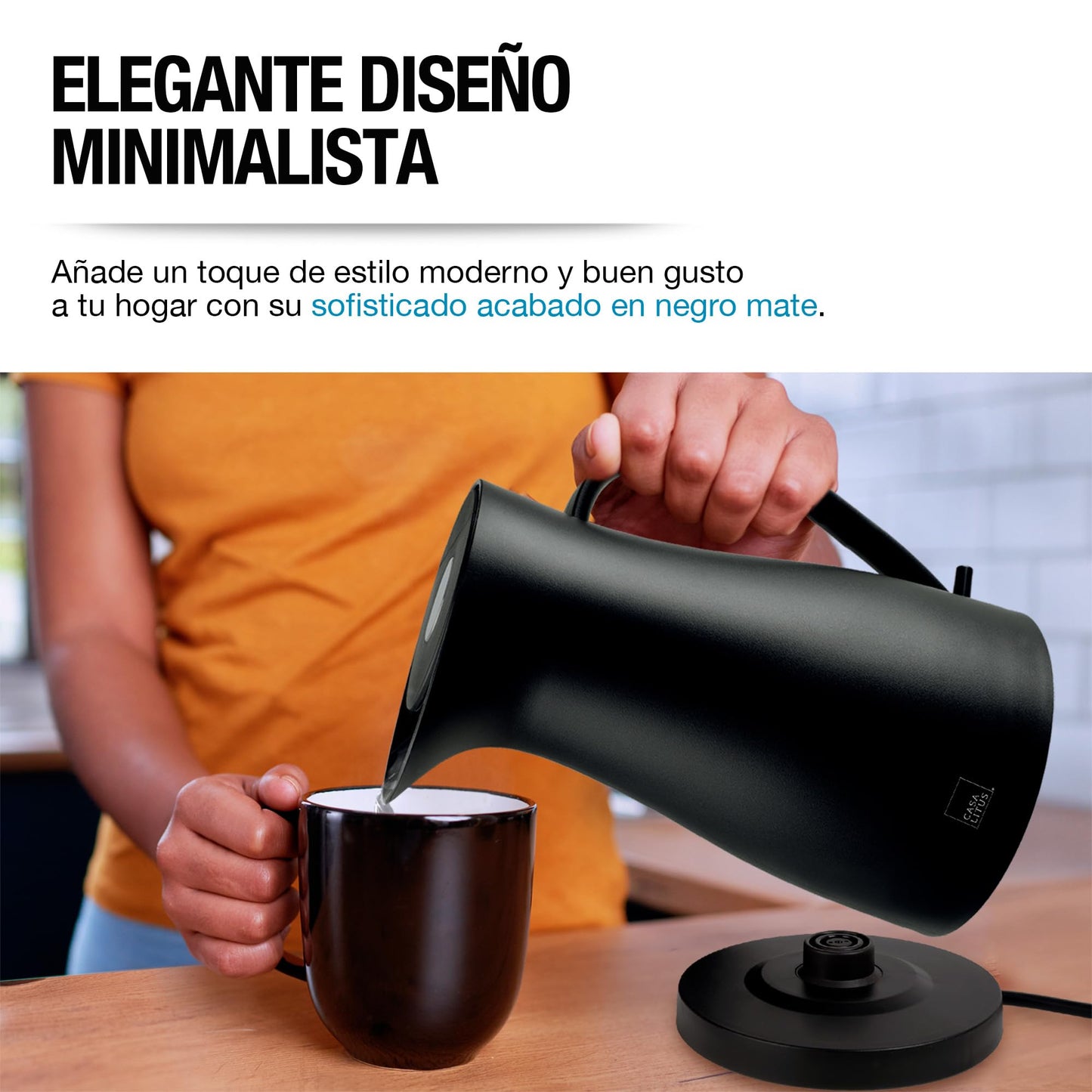 CASA LITUS Tetera Eléctrica Interior de Acero Inoxidable (1 L.), Jarra para Hervir Agua de Diseño Innovador, Hierve Agua en Menos de 5 Minutos, Sistema de Apagado Automático y Luz LED, para Café o Té