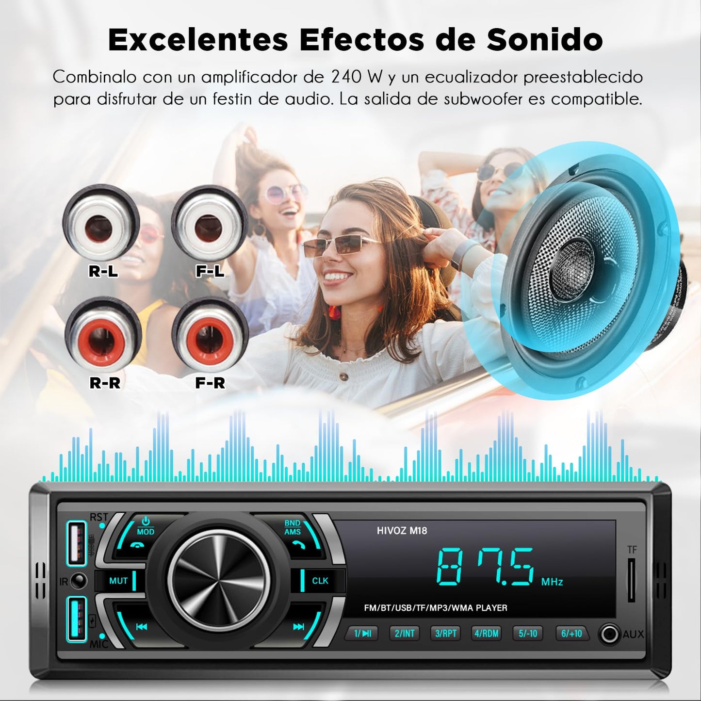 HIMICAR Estereo para Automovil MP3, Autoestéreo Bluetooth Llamada Manos Libres, Control por Voz, Dual USB, Bluetooth, FM, AUX, TF, Disco U, Micrófono Incorporado + Controles del Volante