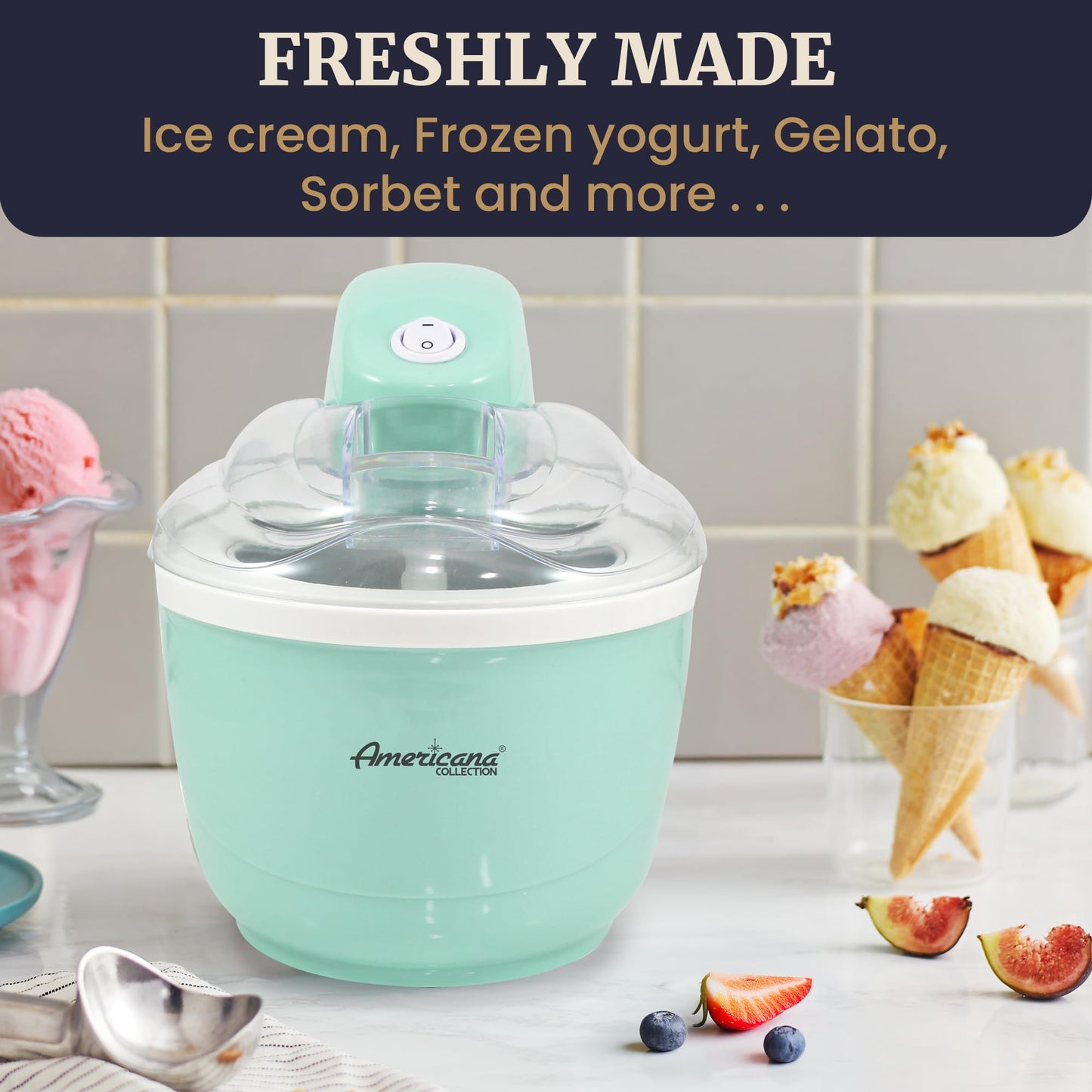 Elite Gourmet Americana Collection Elite EIM520M - Máquina automática de helados de 1 cuarto de galón, hecha en casa, yogur congelado, sorbete, gelatina, con recetas, menta