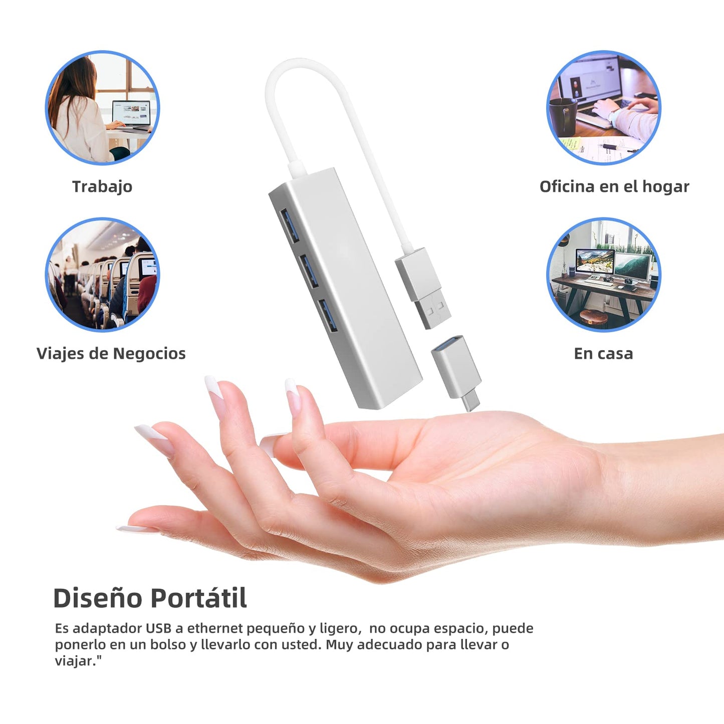 Adaptador USB Ethernet Qzgyoool con USB C y Hub 4 en 1 para PC y Mac