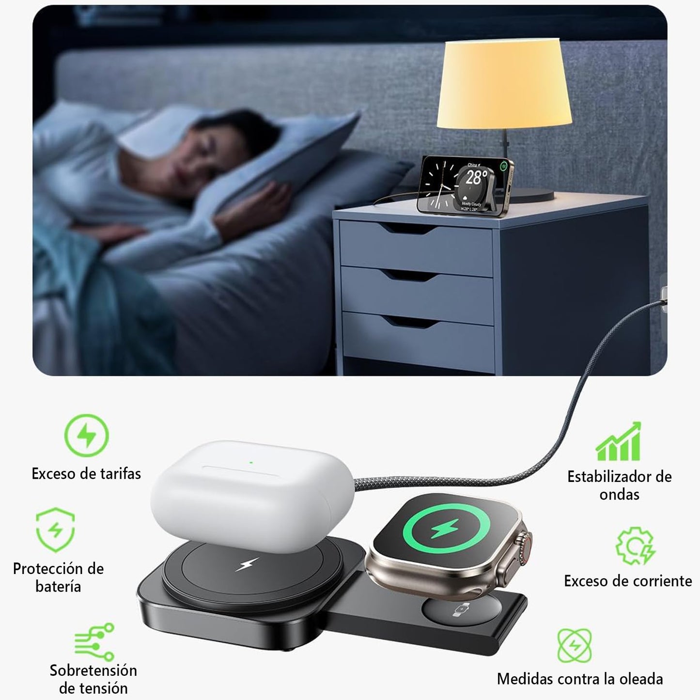 Cargador Inalámbrico Sadoway Negro 15W Plegable Magnético 2 en 1 Compatible con iPhone y Apple Watch
