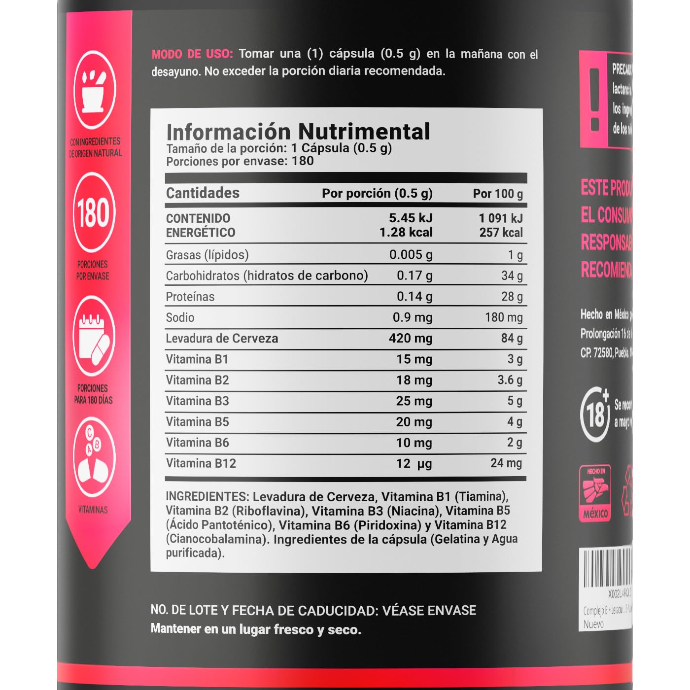 B Life Company Complejo B. Levadura de Cerveza y Vitaminas B1, B2, B3, B5, B6, B12. Ingredientes Naturales con 180 cápsulas de 500 mg. B Yeast Blend