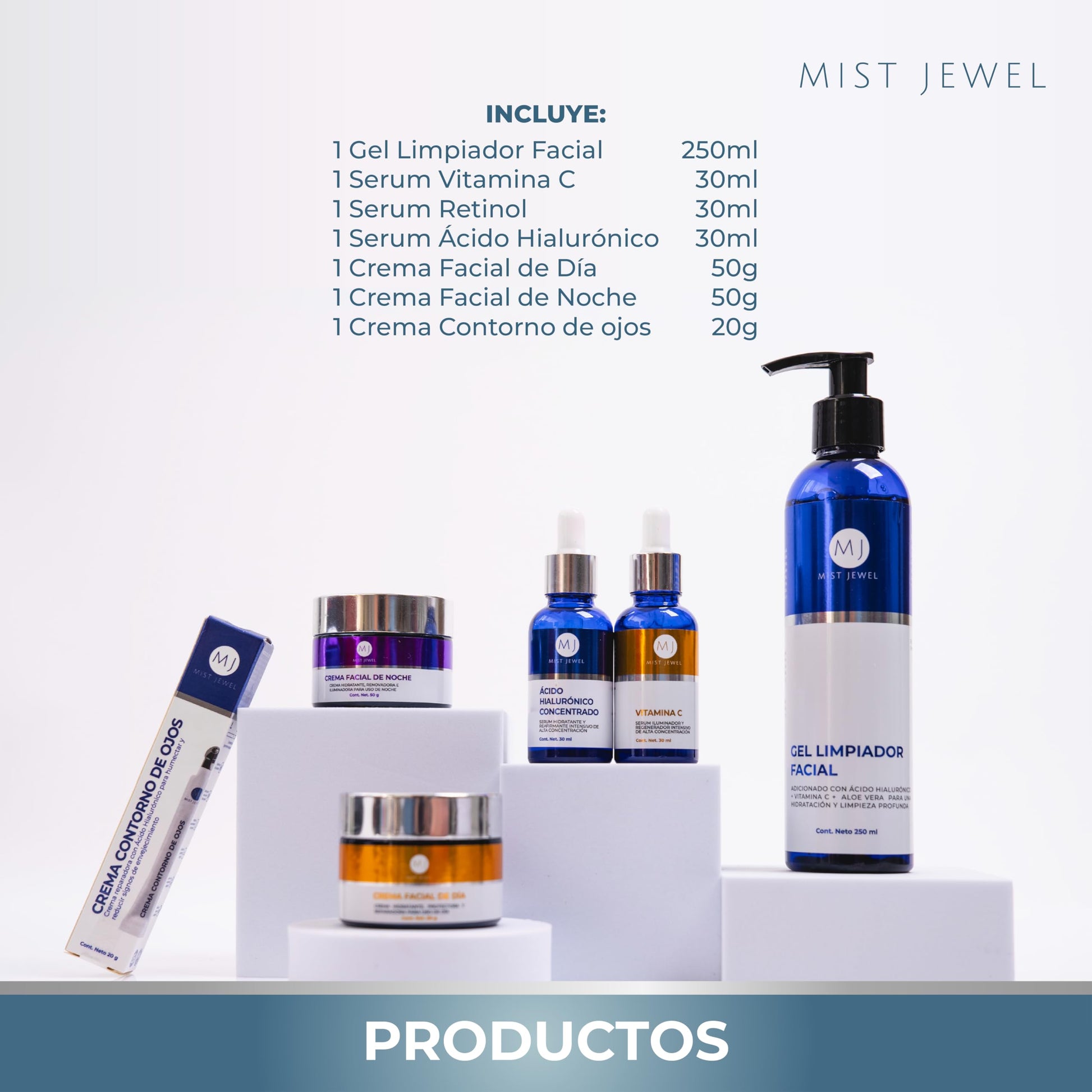 MIST JEWEL Kit Facial Luxe skincare completo Cremas día y noche, 3 Serum, limpiador facial y crema contorno de ojos | Paquete completo dia y noche de cuidado facial, hidratación y rejuvenecimiento