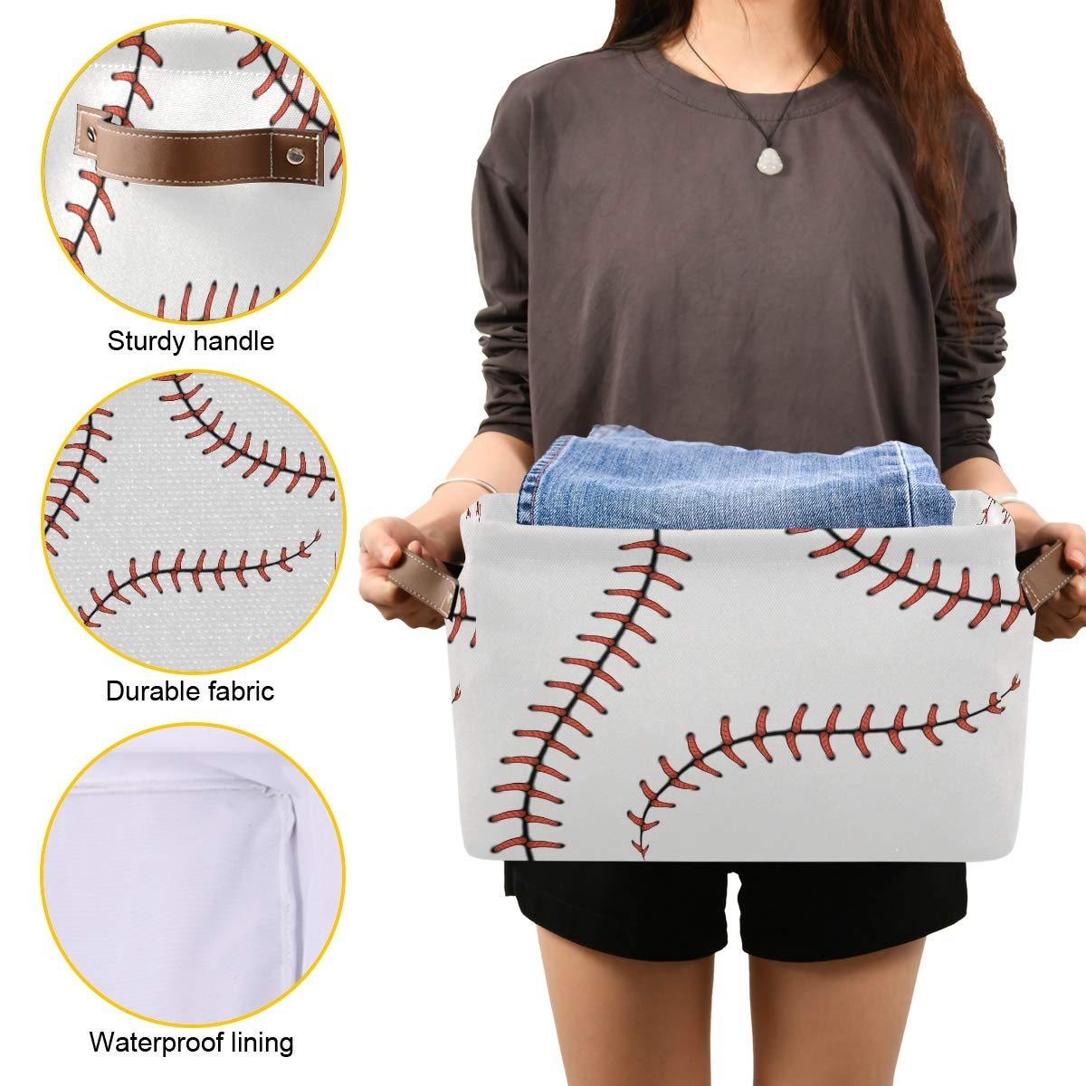 Cesta de almacenamiento con puntadas de béisbol, bolsa de almacenamiento de bolas, de softball, grande, caja de almacenamiento de juguetes, con asas, plegable, estante de armario, cesta organizadora de tela para guardería y dormitorio