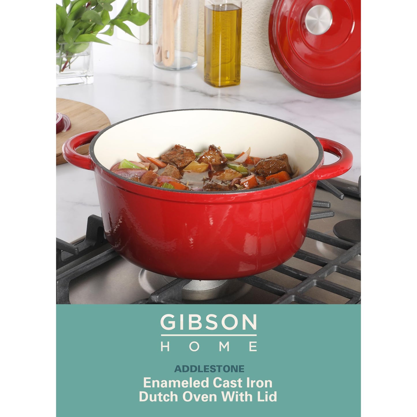 Gibson Home Addlestone - Olla redonda de hierro fundido esmaltada de 5 cuartos con tapa y asas duales, color rojo degradado